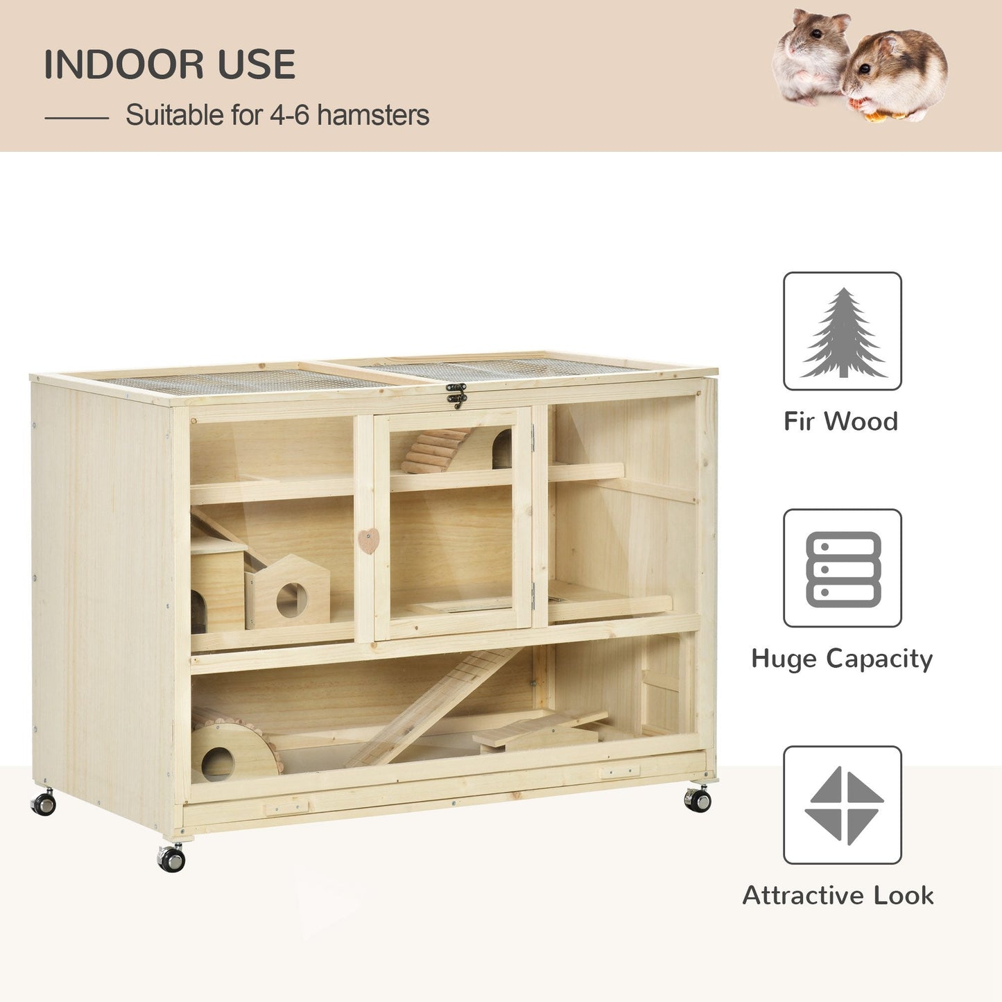 Wooden Hamster Cage, 3 Tier Rat Cage with Openable Roof, Run, Ladders, Wheels, Tray, for Hamsters, Rats, Syrian, Small Animals Exercise Play House, Natural Wood