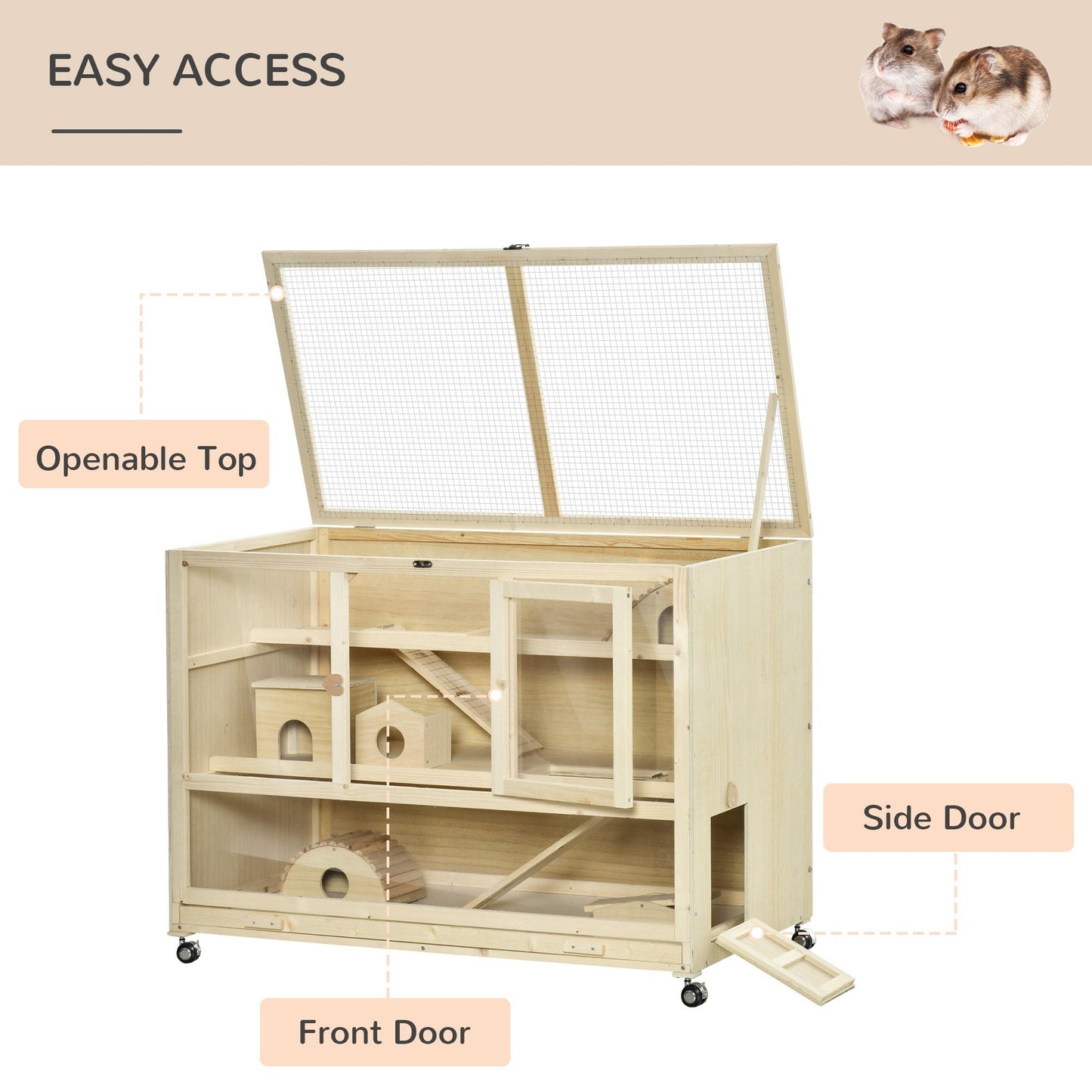 Wooden Hamster Cage, 3 Tier Rat Cage with Openable Roof, Run, Ladders, Wheels, Tray, for Hamsters, Rats, Syrian, Small Animals Exercise Play House, Natural Wood