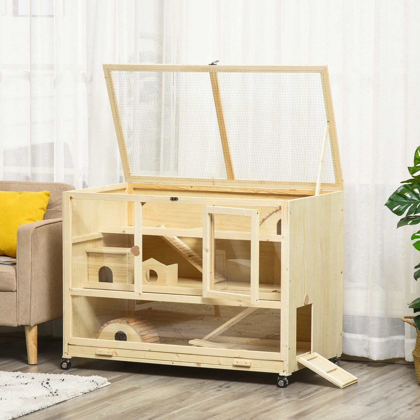 Wooden Hamster Cage, 3 Tier Rat Cage with Openable Roof, Run, Ladders, Wheels, Tray, for Hamsters, Rats, Syrian, Small Animals Exercise Play House, Natural Wood