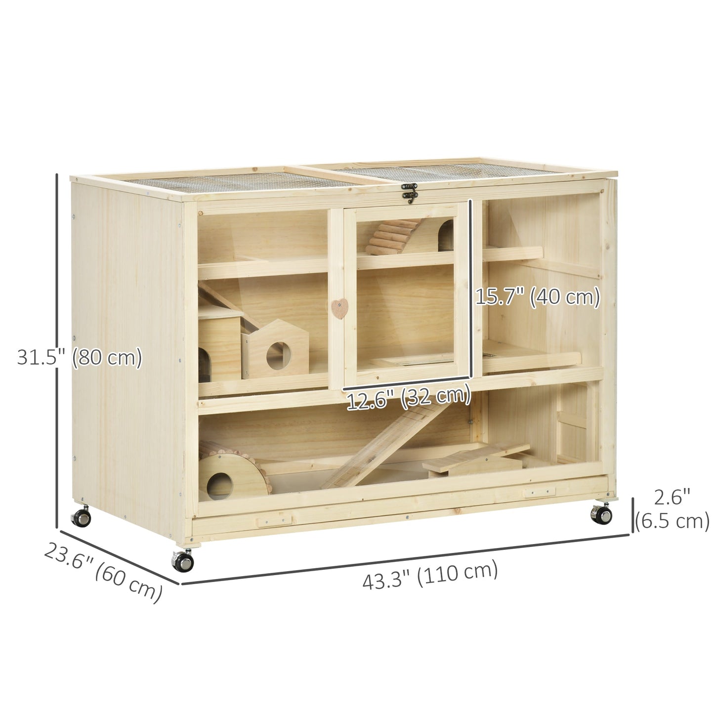 Wooden Hamster Cage, 3 Tier Rat Cage with Openable Roof, Run, Ladders, Wheels, Tray, for Hamsters, Rats, Syrian, Small Animals Exercise Play House, Natural Wood