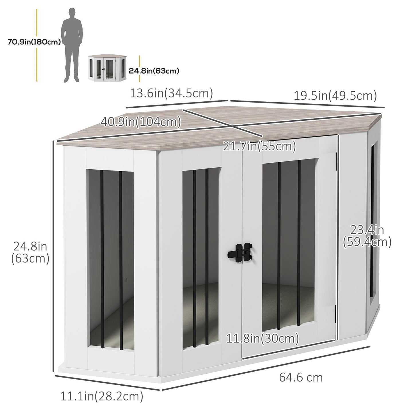 41" Dog Crate Furniture, Corner Dog Crate End Table for Medium and Small Dogs, Indoor Dog Cage with Cushion, Door, Lock, White