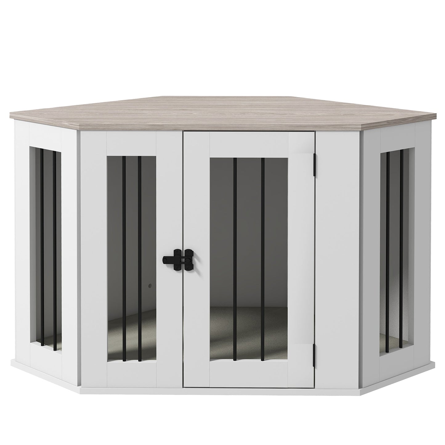 41" Dog Crate Furniture, Corner Dog Crate End Table for Medium and Small Dogs, Indoor Dog Cage with Cushion, Door, Lock, White