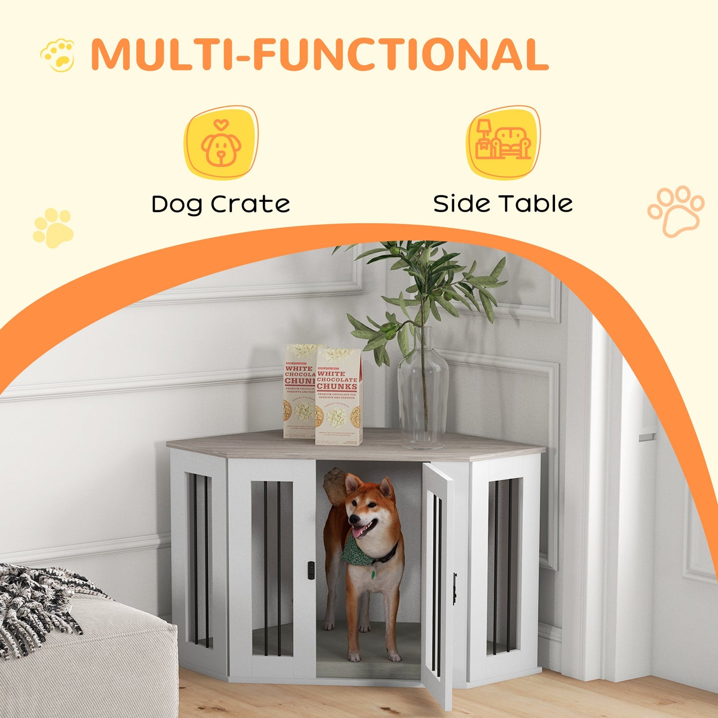 41" Dog Crate Furniture, Corner Dog Crate End Table for Medium and Small Dogs, Indoor Dog Cage with Cushion, Door, Lock, White
