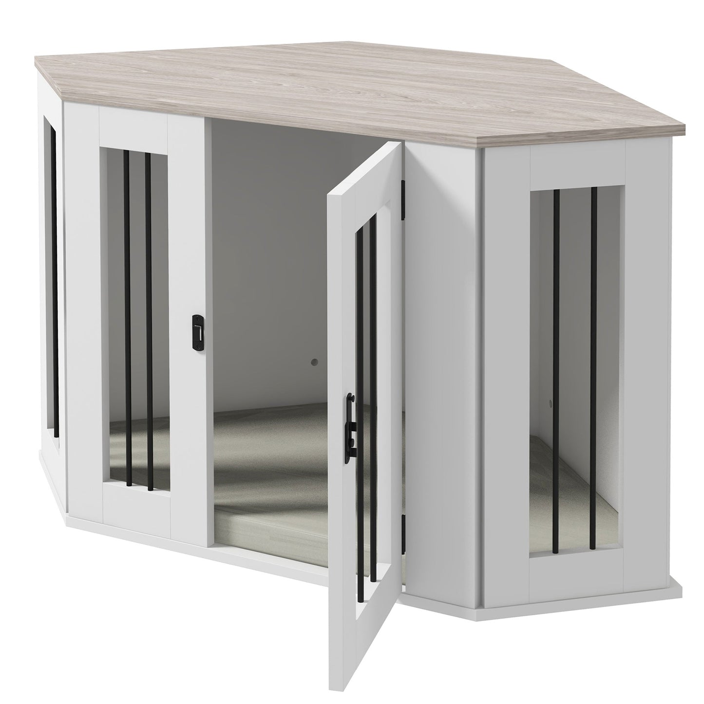 41" Dog Crate Furniture, Corner Dog Crate End Table for Medium and Small Dogs, Indoor Dog Cage with Cushion, Door, Lock, White