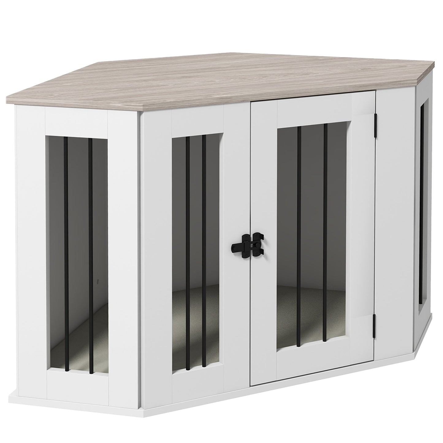 41" Dog Crate Furniture, Corner Dog Crate End Table for Medium and Small Dogs, Indoor Dog Cage with Cushion, Door, Lock, White