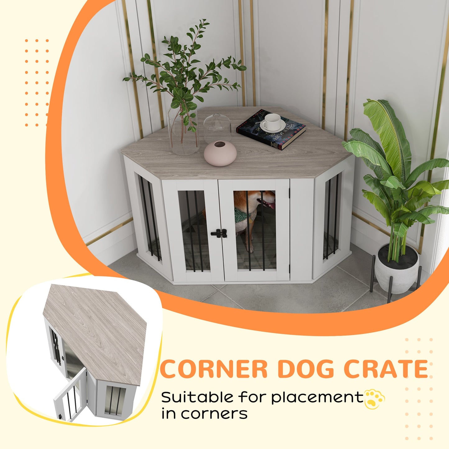 41" Dog Crate Furniture, Corner Dog Crate End Table for Medium and Small Dogs, Indoor Dog Cage with Cushion, Door, Lock, White