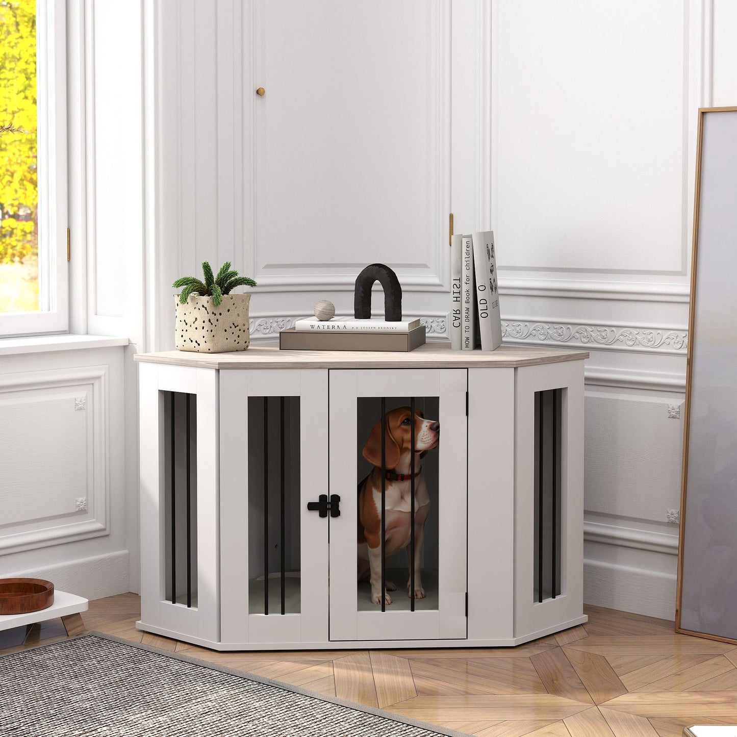 41" Dog Crate Furniture, Corner Dog Crate End Table for Medium and Small Dogs, Indoor Dog Cage with Cushion, Door, Lock, White