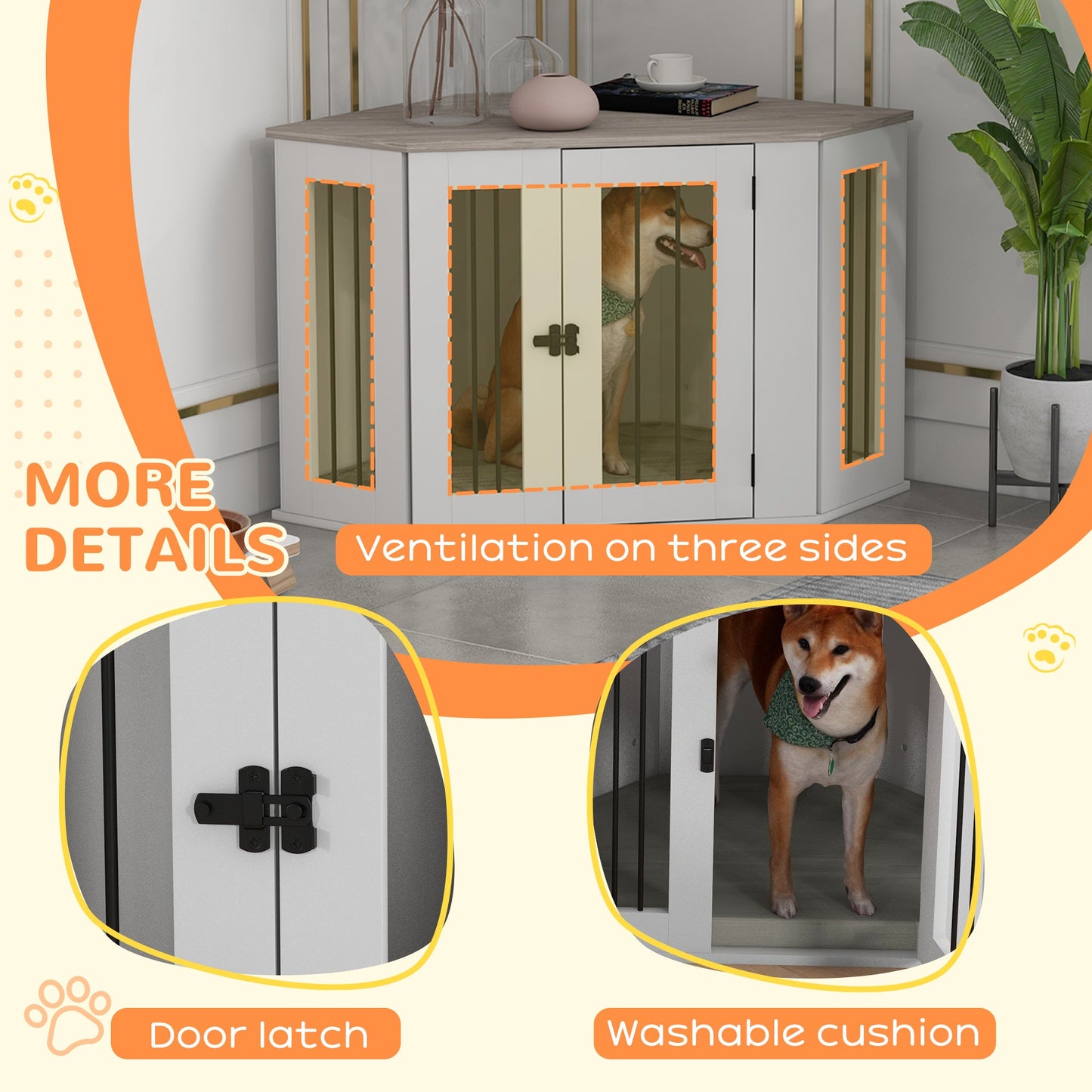 41" Dog Crate Furniture, Corner Dog Crate End Table for Medium and Small Dogs, Indoor Dog Cage with Cushion, Door, Lock, White