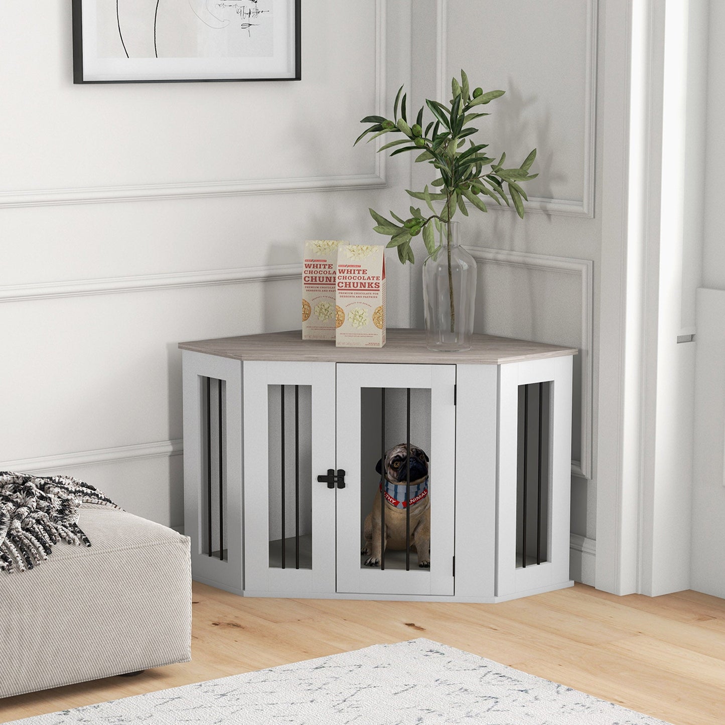 41" Dog Crate Furniture, Corner Dog Crate End Table for Medium and Small Dogs, Indoor Dog Cage with Cushion, Door, Lock, White
