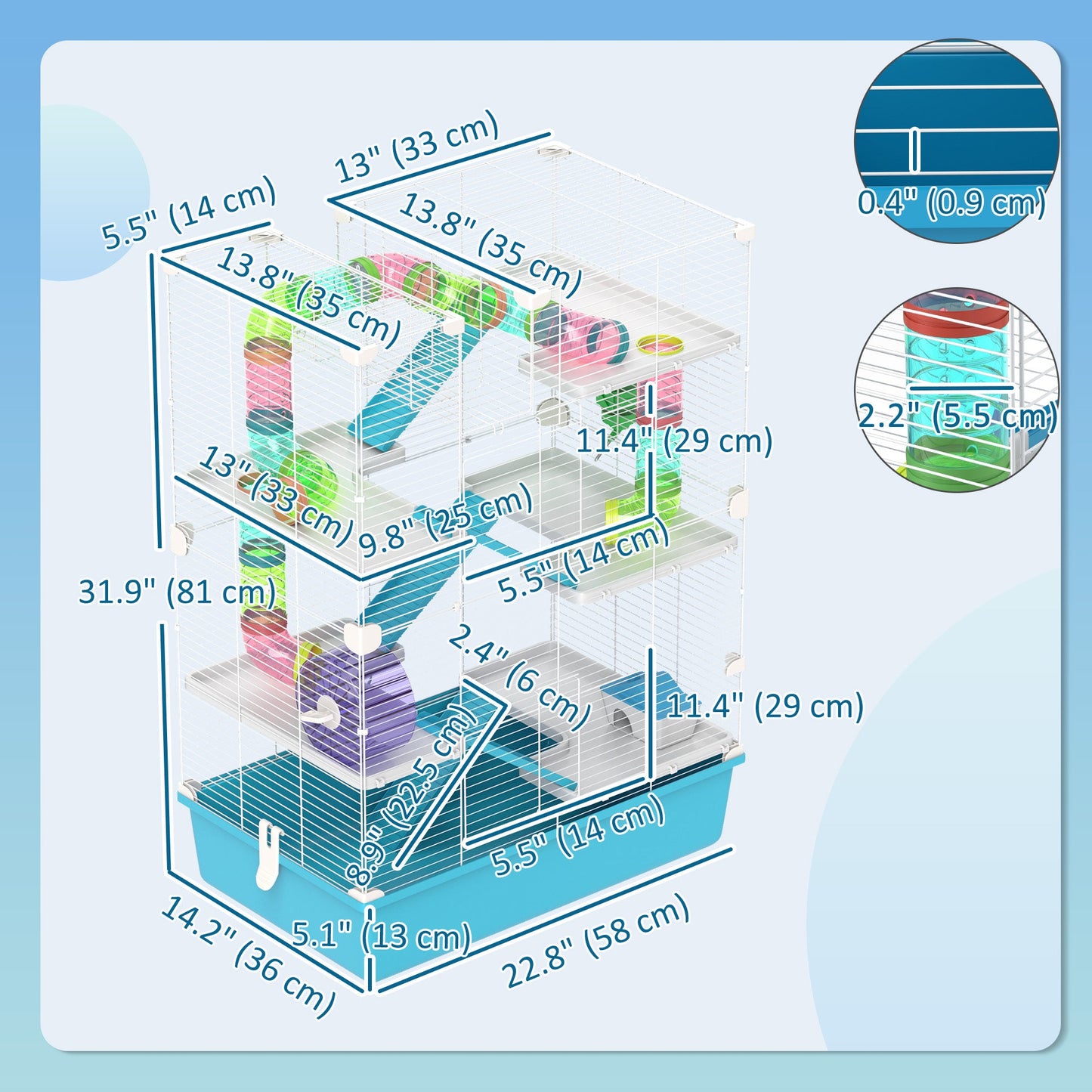 32" Hamster Cage, 6 Tier Small Animal Cage with Tunnels and Tubes, DIY Design Gerbil Cage with Hut, Wheel, Food Dish, Water Bottle, Ramps, for Dwarf & Gerbil, Light Blue