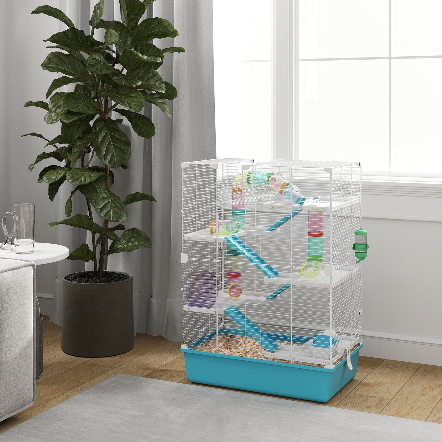32" Hamster Cage, 6 Tier Small Animal Cage with Tunnels and Tubes, DIY Design Gerbil Cage with Hut, Wheel, Food Dish, Water Bottle, Ramps, for Dwarf & Gerbil, Light Blue