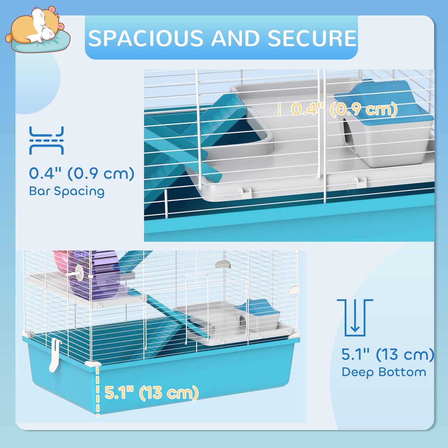 32" Hamster Cage, 6 Tier Small Animal Cage with Tunnels and Tubes, DIY Design Gerbil Cage with Hut, Wheel, Food Dish, Water Bottle, Ramps, for Dwarf & Gerbil, Light Blue