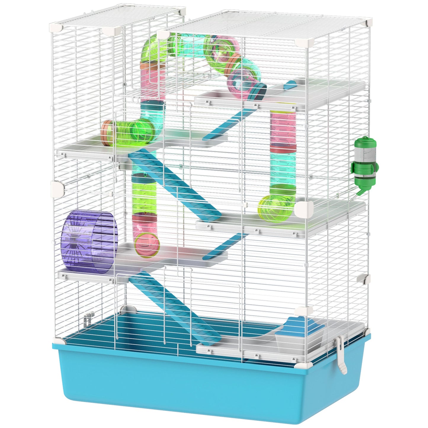32" Hamster Cage, 6 Tier Small Animal Cage with Tunnels and Tubes, DIY Design Gerbil Cage with Hut, Wheel, Food Dish, Water Bottle, Ramps, for Dwarf & Gerbil, Light Blue