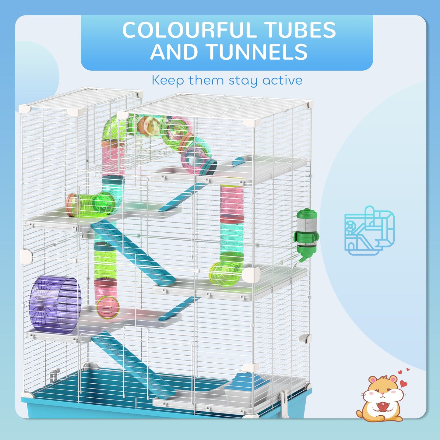 32" Hamster Cage, 6 Tier Small Animal Cage with Tunnels and Tubes, DIY Design Gerbil Cage with Hut, Wheel, Food Dish, Water Bottle, Ramps, for Dwarf & Gerbil, Light Blue