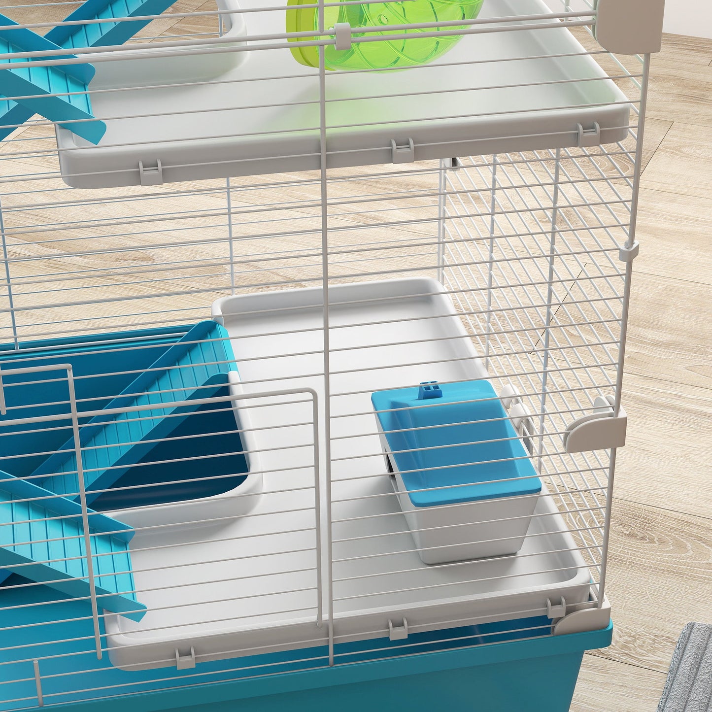32" Hamster Cage, 6 Tier Small Animal Cage with Tunnels and Tubes, DIY Design Gerbil Cage with Hut, Wheel, Food Dish, Water Bottle, Ramps, for Dwarf & Gerbil, Light Blue