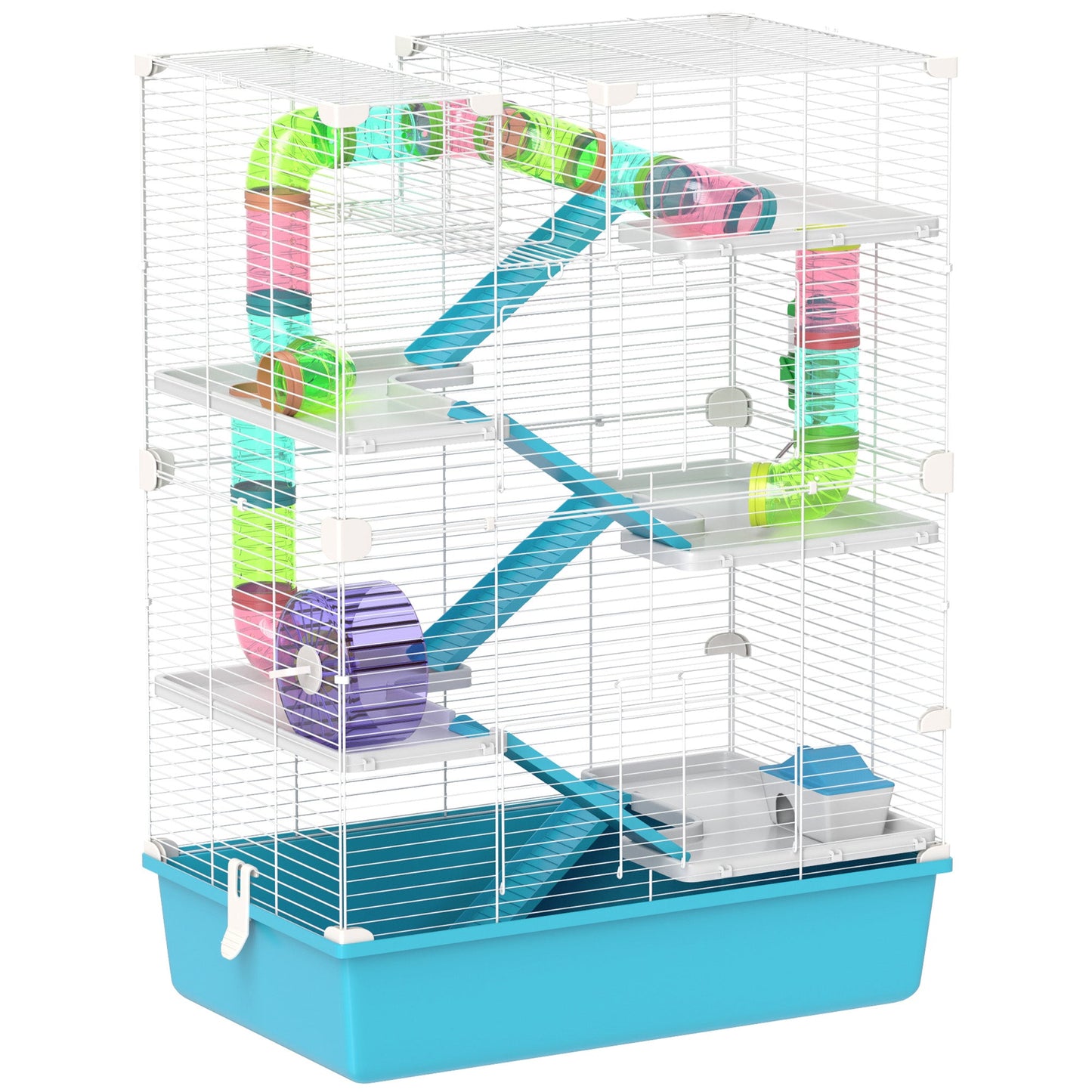 32" Hamster Cage, 6 Tier Small Animal Cage with Tunnels and Tubes, DIY Design Gerbil Cage with Hut, Wheel, Food Dish, Water Bottle, Ramps, for Dwarf & Gerbil, Light Blue