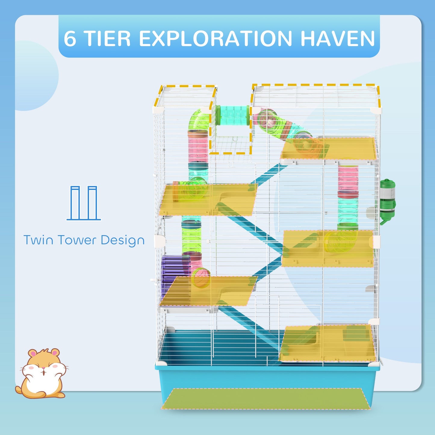 32" Hamster Cage, 6 Tier Small Animal Cage with Tunnels and Tubes, DIY Design Gerbil Cage with Hut, Wheel, Food Dish, Water Bottle, Ramps, for Dwarf & Gerbil, Light Blue