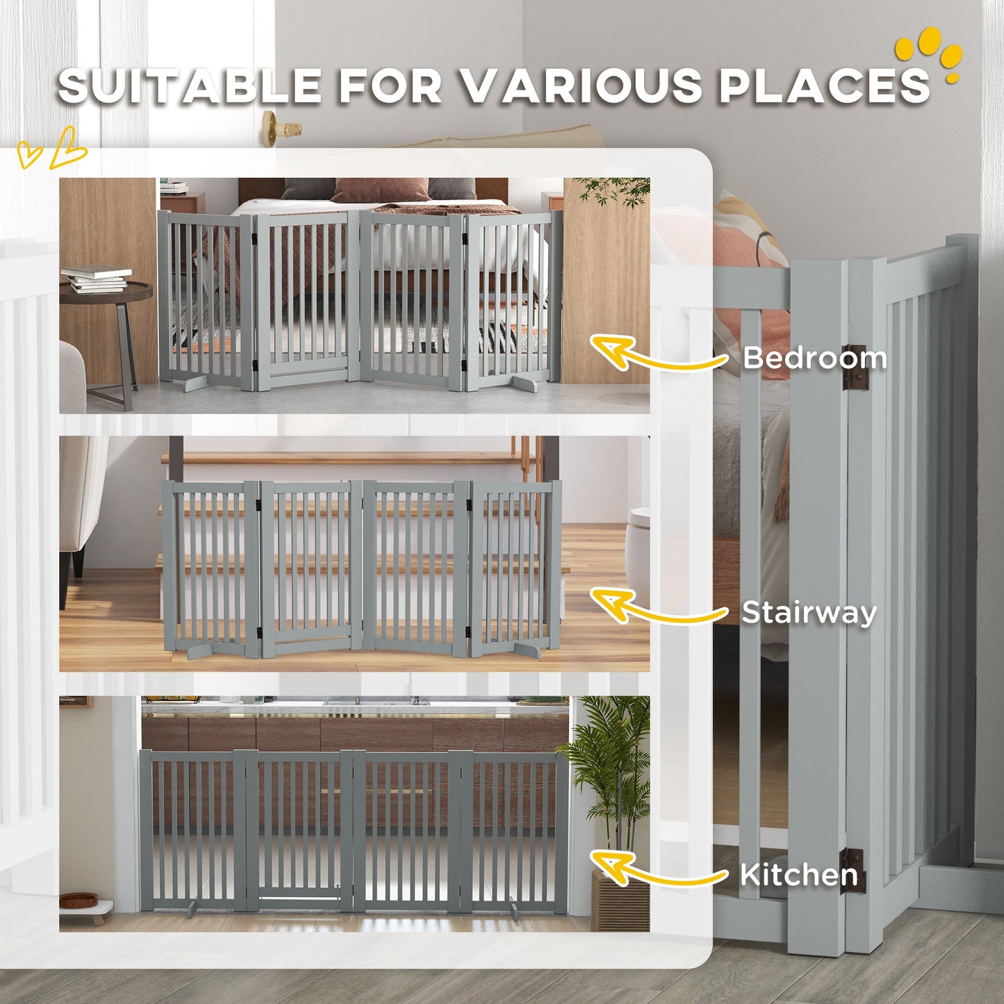 30"H Foldable Dog Gate with Door, 4 Panels Freestanding Pet Gate Barriers Indoor with Support Feet, Puppy Fence for Dogs, Light Grey