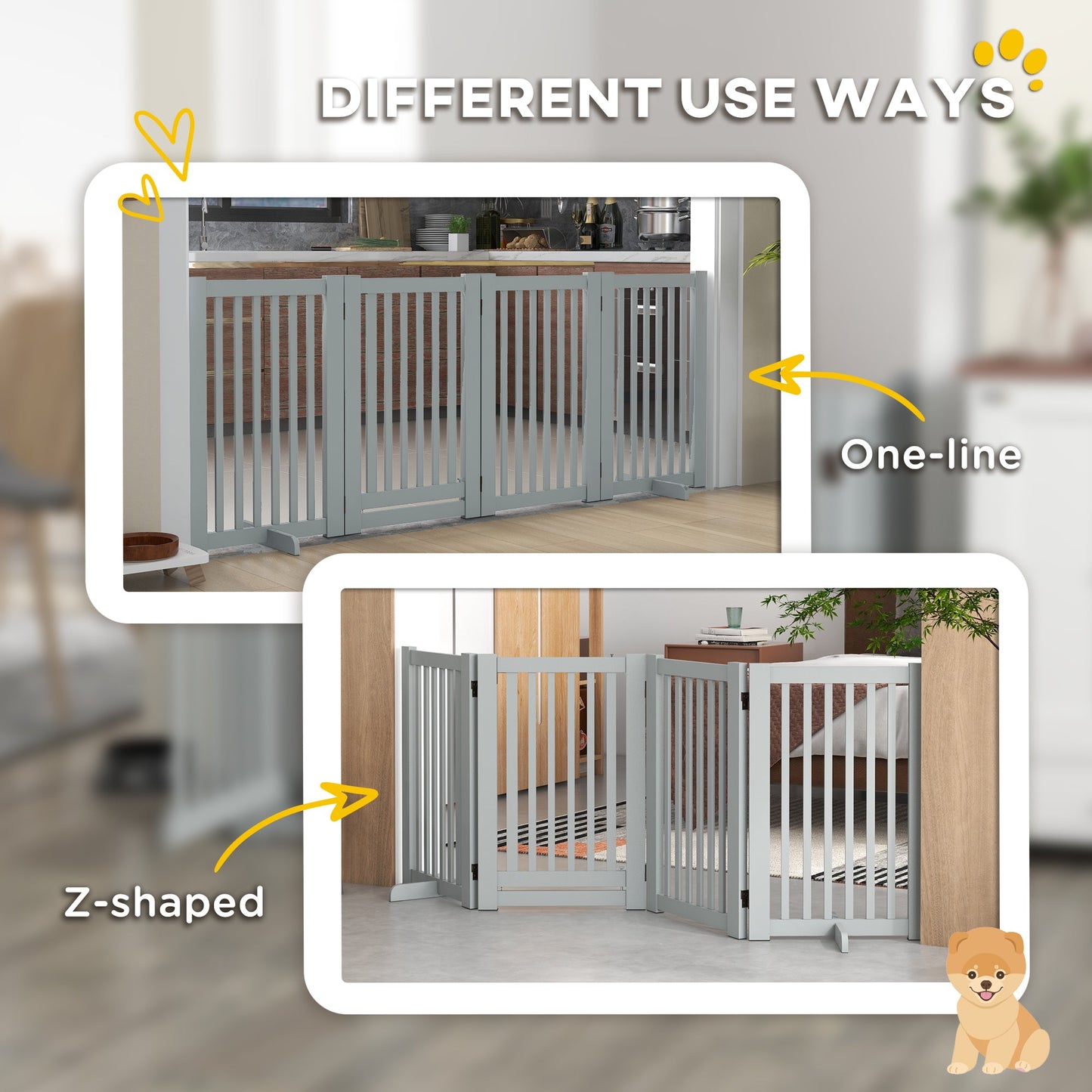 30"H Foldable Dog Gate with Door, 4 Panels Freestanding Pet Gate Barriers Indoor with Support Feet, Puppy Fence for Dogs, Light Grey