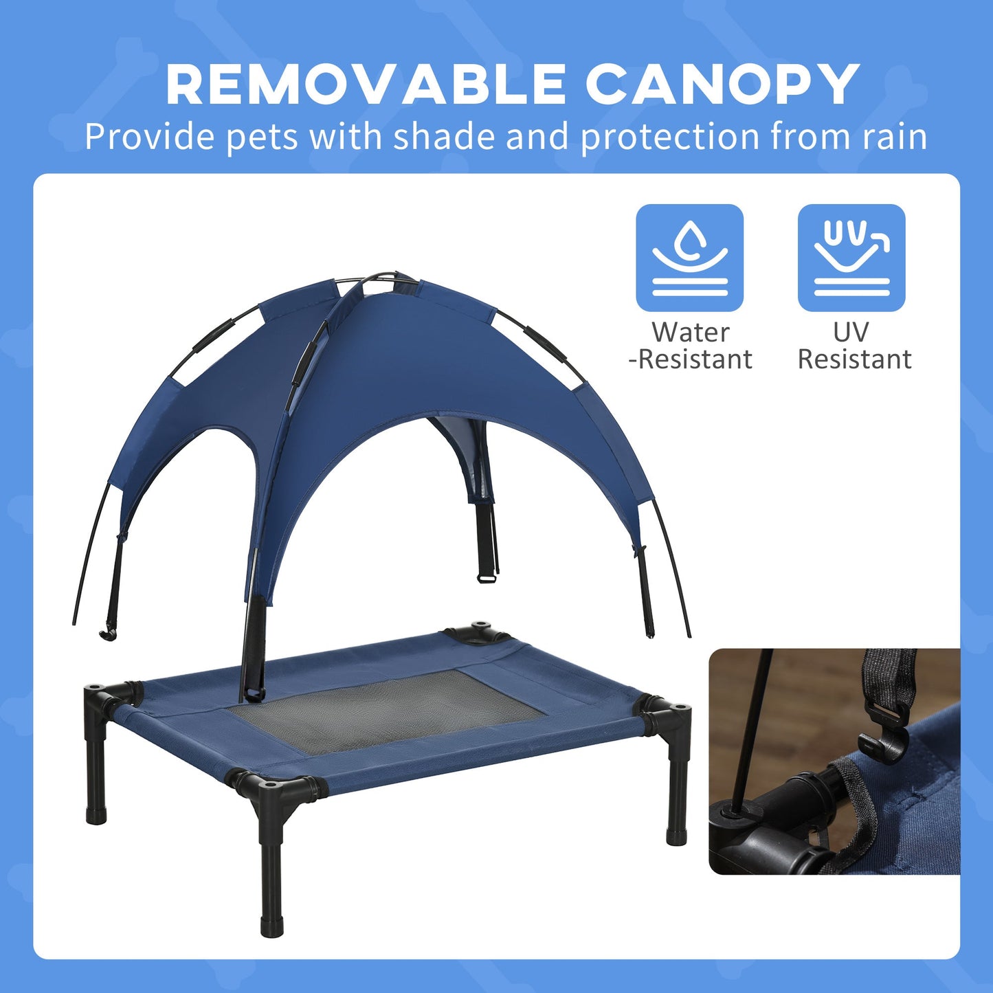 Elevated Dog Bed with Canopy, Portable Raised Dog Cot for S Sized Dogs, Indoor & Outdoor, 25" x 18" x 24", Dark Blue