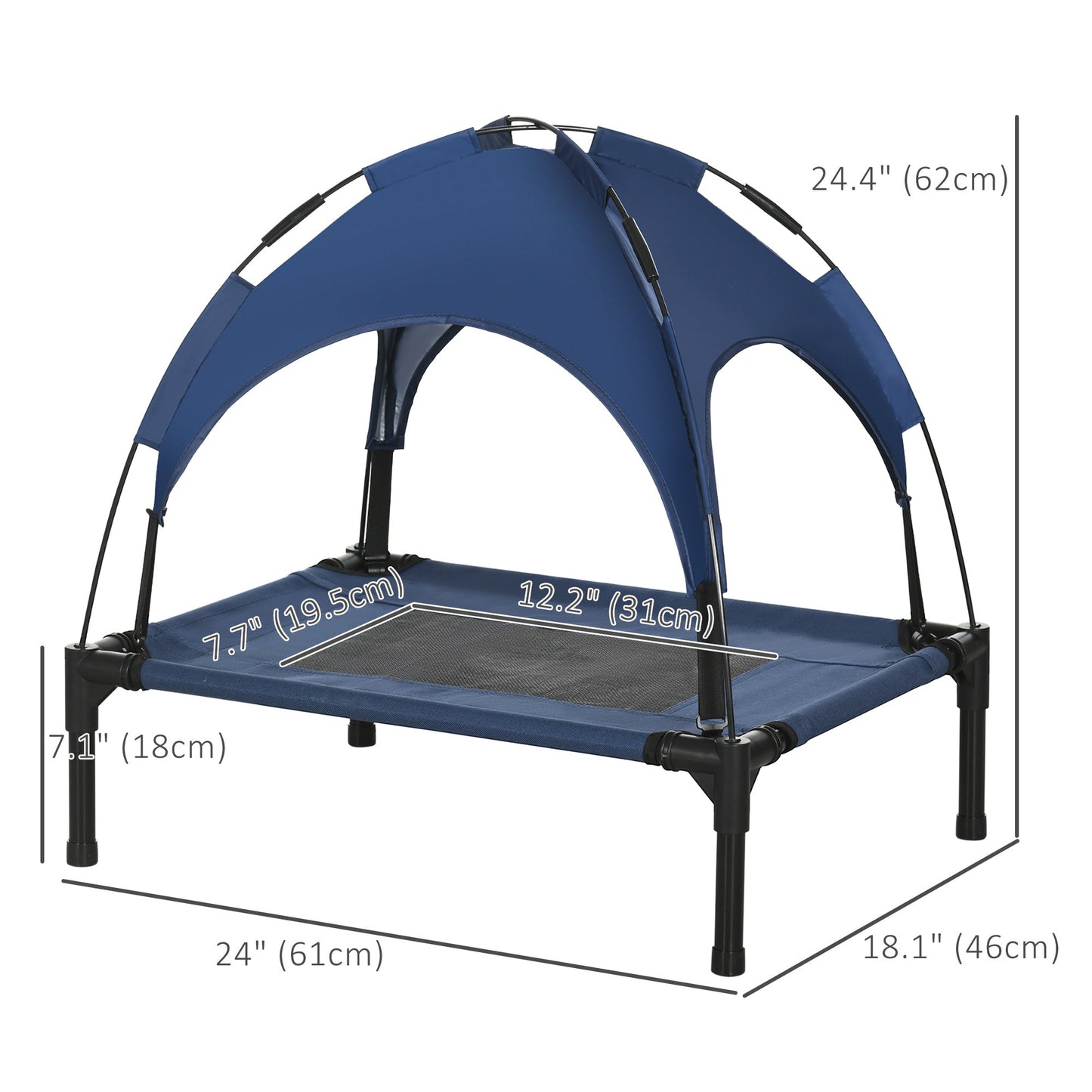 Elevated Dog Bed with Canopy, Portable Raised Dog Cot for S Sized Dogs, Indoor & Outdoor, 25" x 18" x 24", Dark Blue