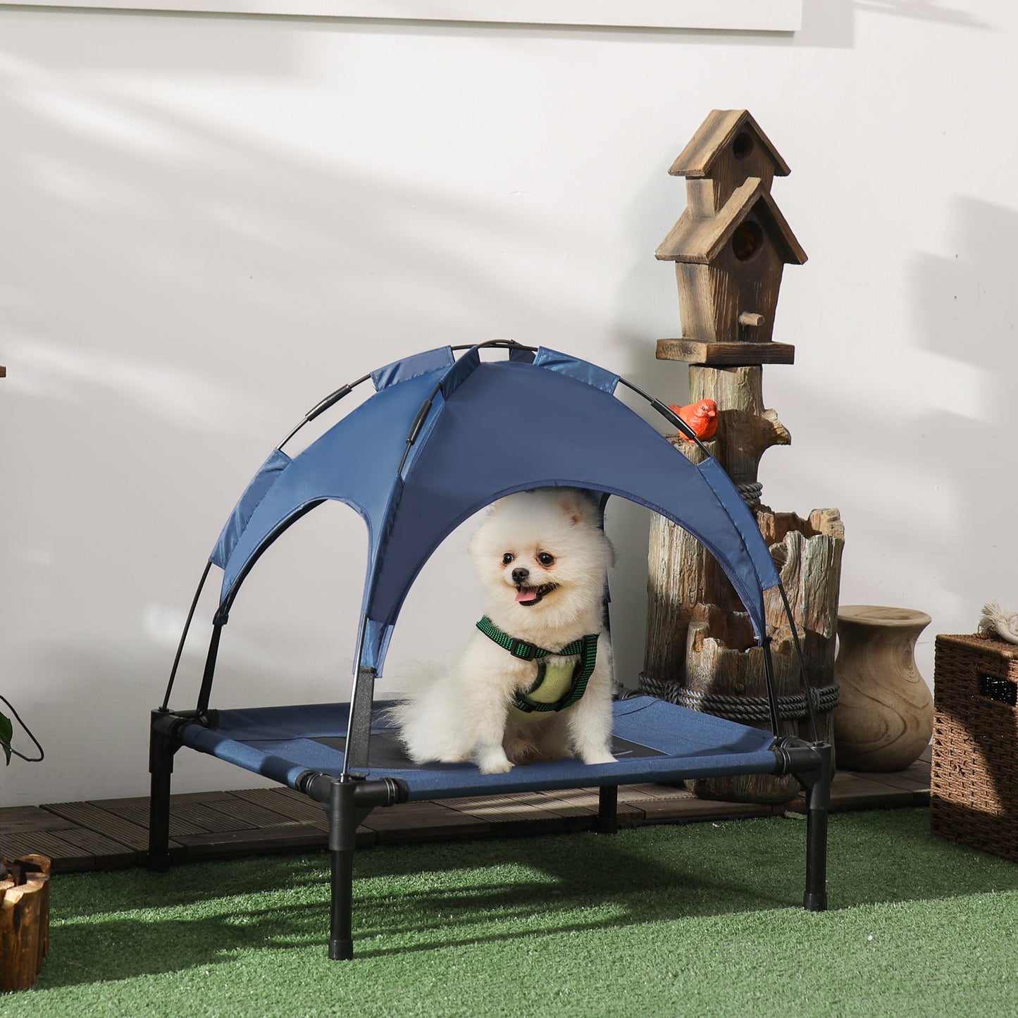 Elevated Dog Bed with Canopy, Portable Raised Dog Cot for S Sized Dogs, Indoor & Outdoor, 25" x 18" x 24", Dark Blue
