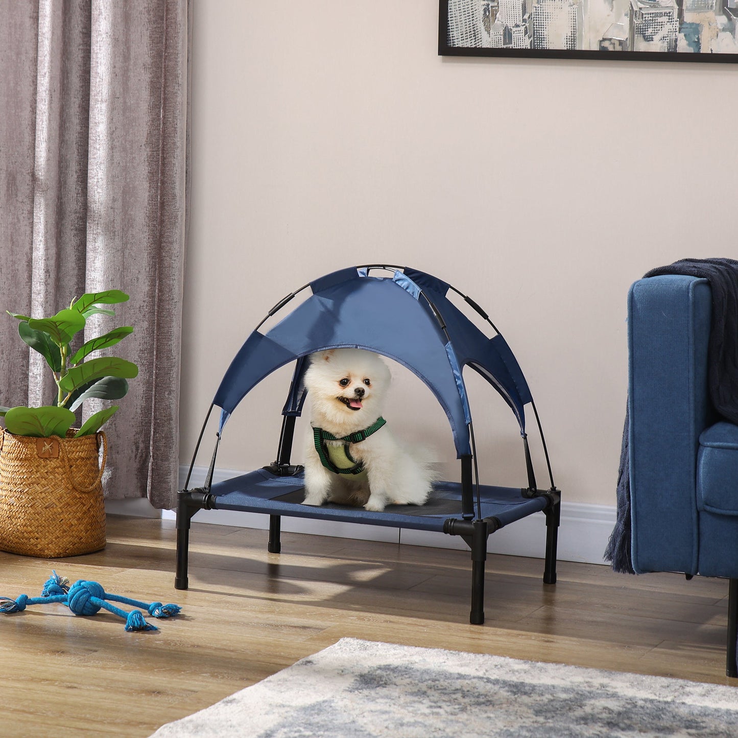 Elevated Dog Bed with Canopy, Portable Raised Dog Cot for S Sized Dogs, Indoor & Outdoor, 25" x 18" x 24", Dark Blue