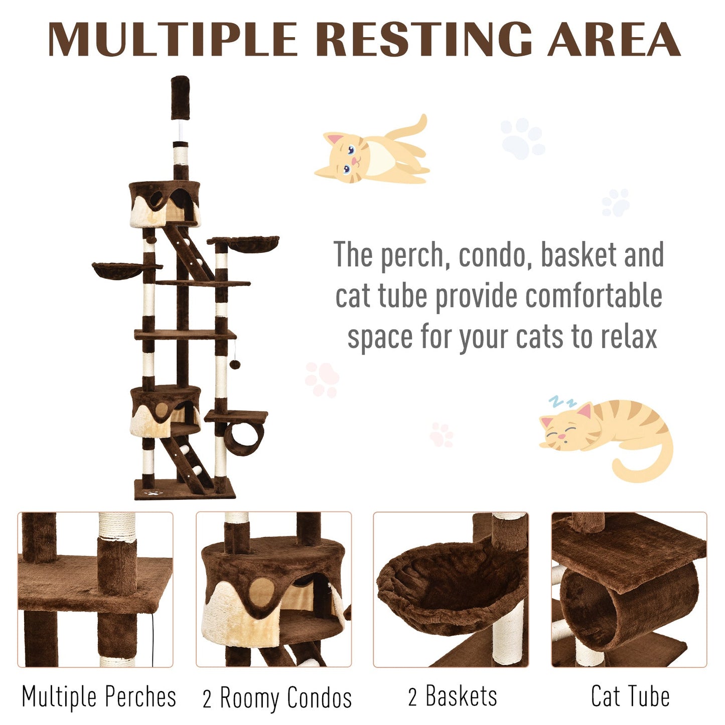 Cat Tower for Large Cats Adult, Floor to Ceiling Cat Tree Adjustable Height 94"-102" Multi-Level with Scratching Posts, Cozy Hammock, Dangling Ball Toy, Brown