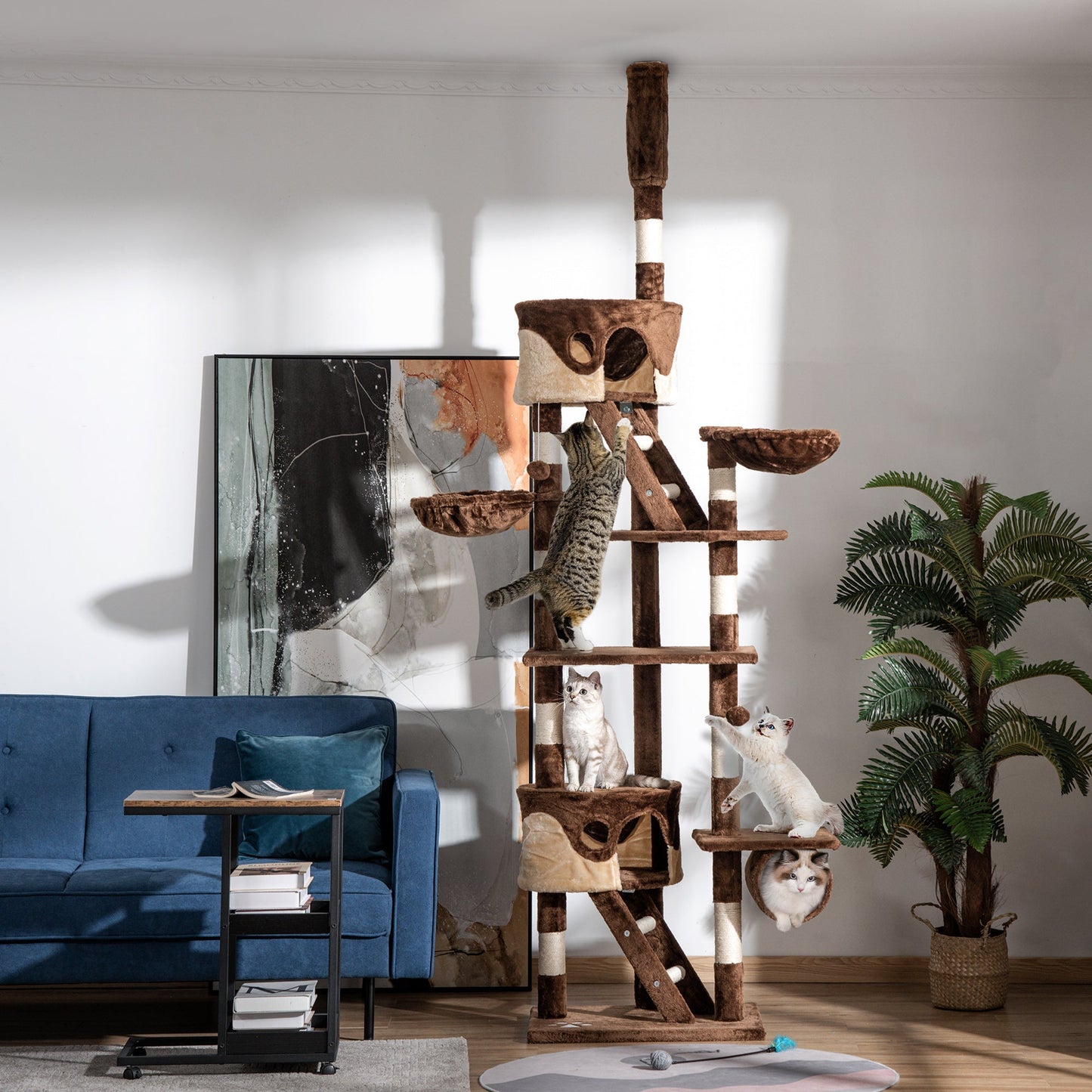 Cat Tower for Large Cats Adult, Floor to Ceiling Cat Tree Adjustable Height 94"-102" Multi-Level with Scratching Posts, Cozy Hammock, Dangling Ball Toy, Brown