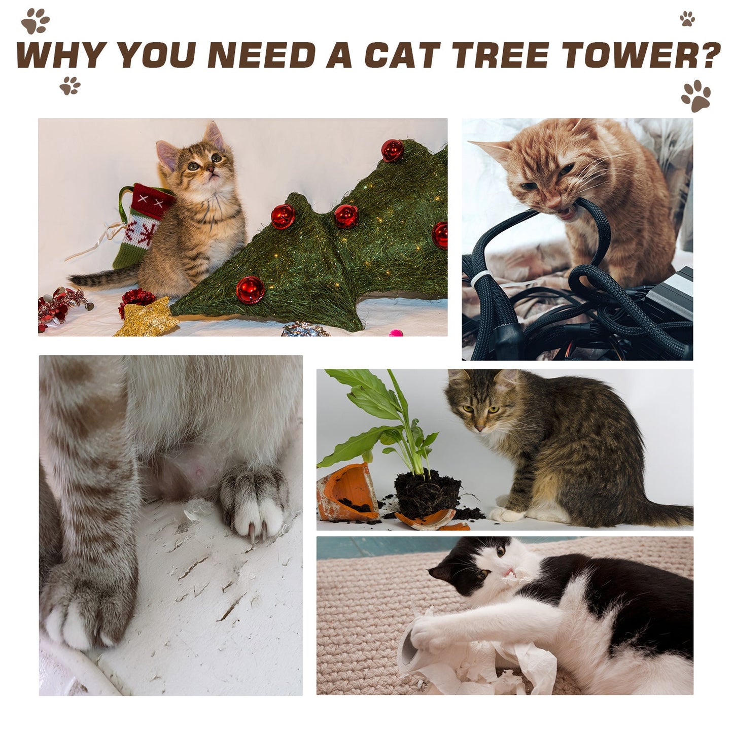 Cat Tower for Large Cats Adult, Floor to Ceiling Cat Tree Adjustable Height 94"-102" Multi-Level with Scratching Posts, Cozy Hammock, Dangling Ball Toy, Brown