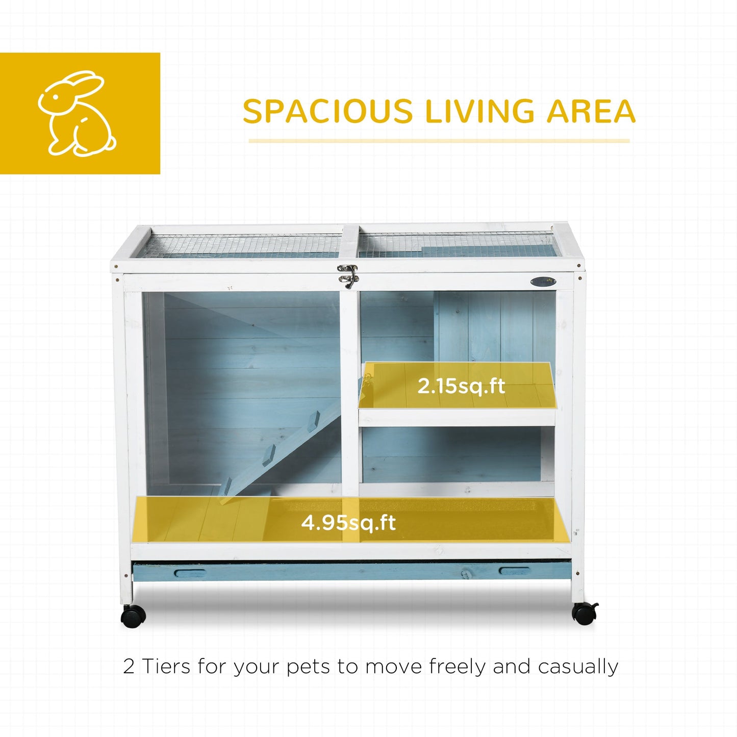 Indoor Rabbit Hutch with Wheels, Bunny Cage Guinea Pig House Small Animals Habitat W/ Top Access, Ramp, Pull Out Tray, Blue