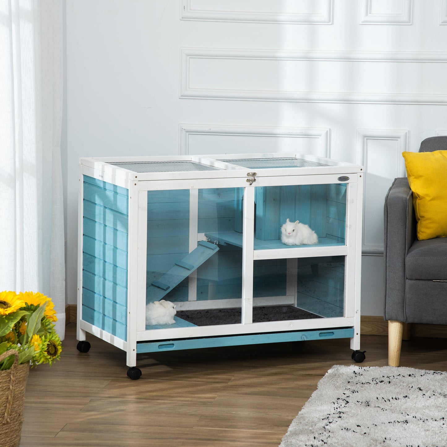 Indoor Rabbit Hutch with Wheels, Bunny Cage Guinea Pig House Small Animals Habitat W/ Top Access, Ramp, Pull Out Tray, Blue
