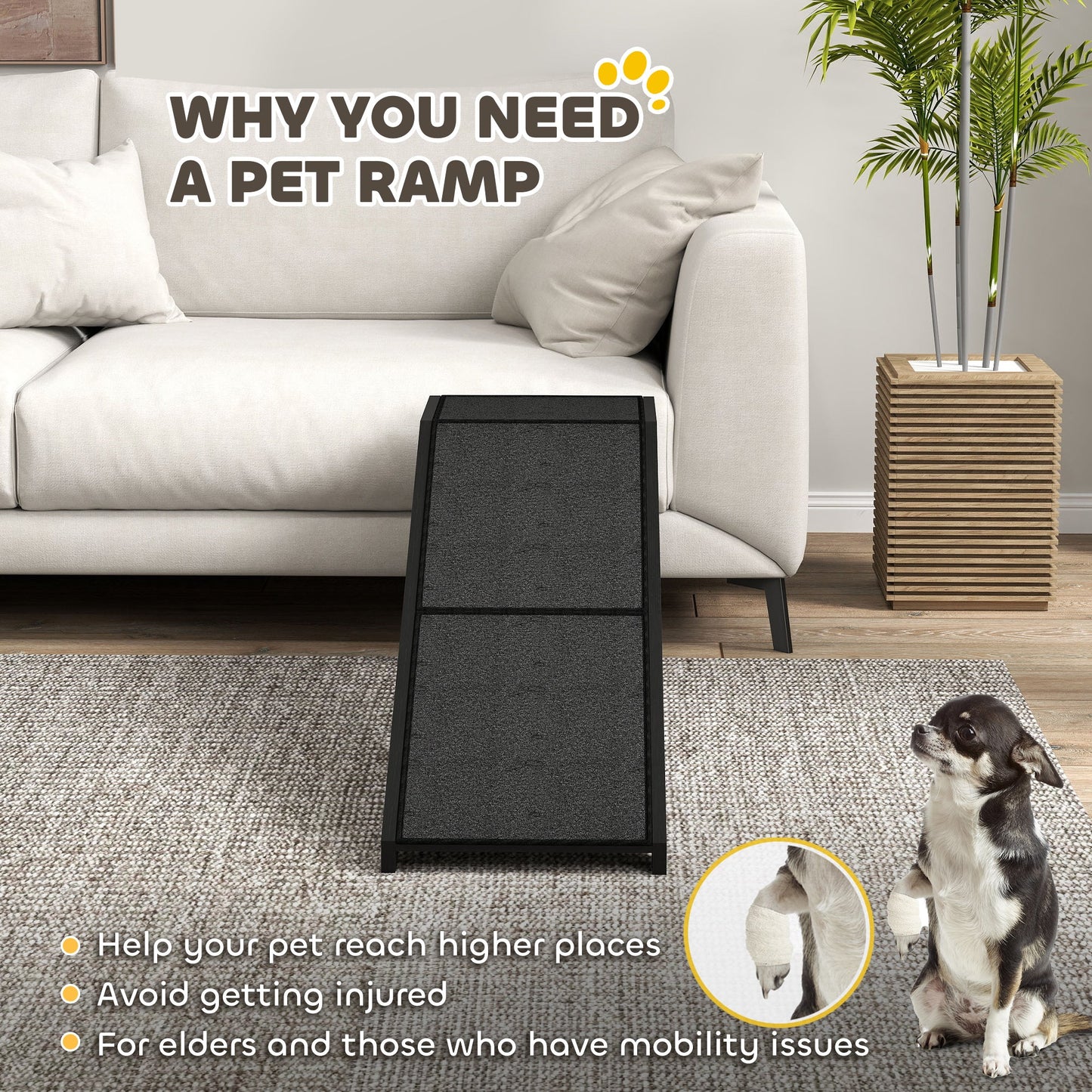 Pet Ramp Bed Steps for Dogs Cats Non-slip Carpet Top Platform Pine Wood 59"L x 16"W x 20"H Black
