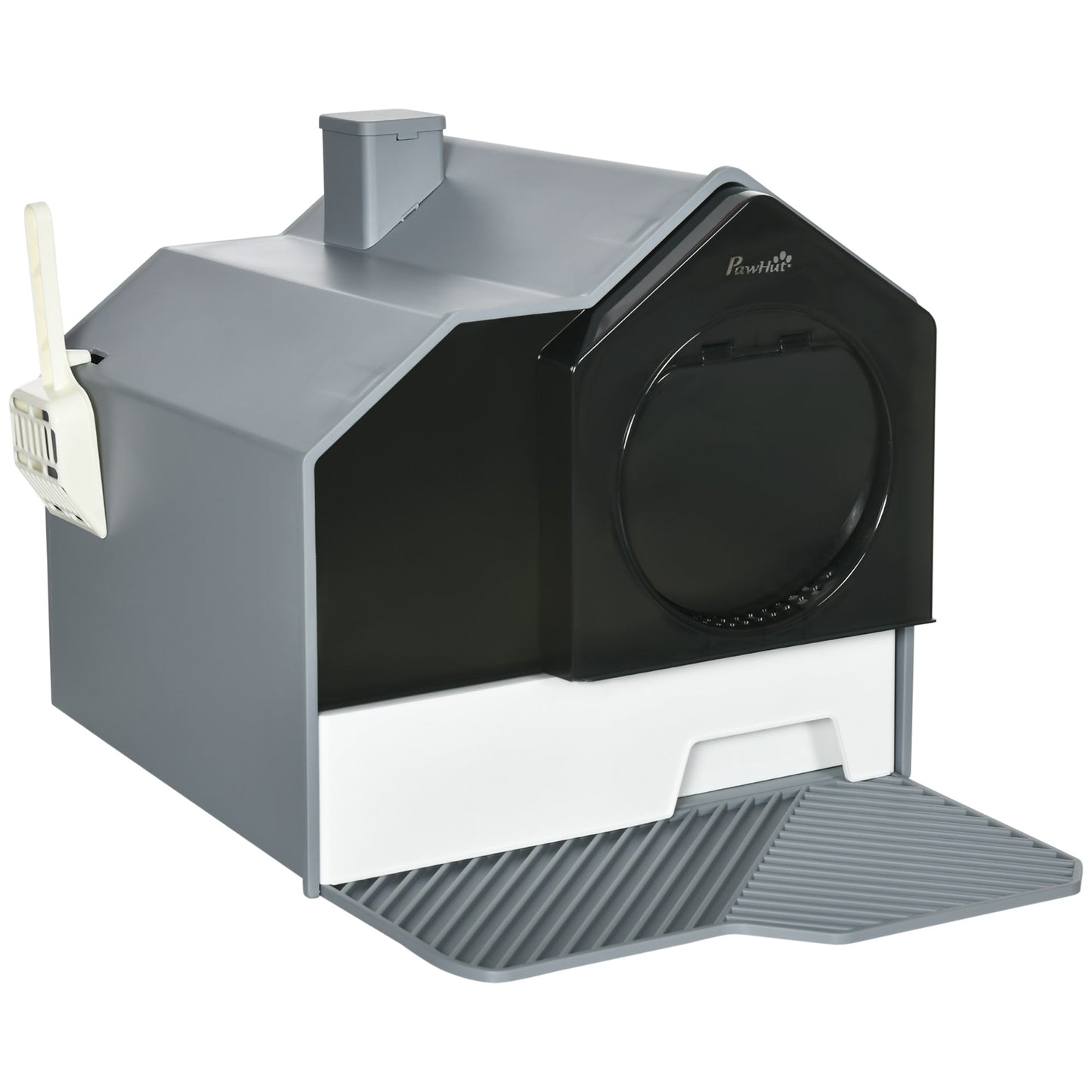Hooded Cat Litter Box with Lid, Kitty Litter Pan with Pull-Out Drawer, Handle, Scoop, Deodorizer Packs for Odor Control & Easy-Clean, Grey