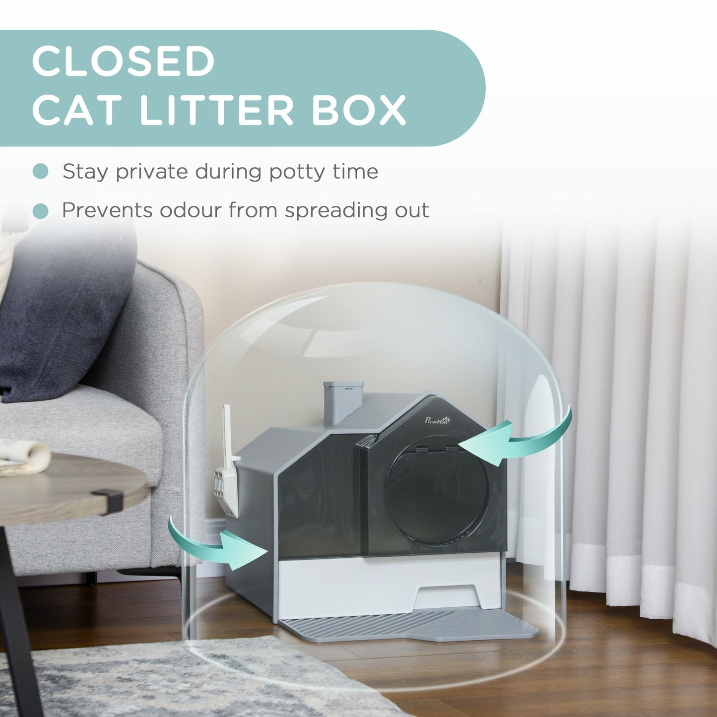 Hooded Cat Litter Box with Lid, Kitty Litter Pan with Pull-Out Drawer, Handle, Scoop, Deodorizer Packs for Odor Control & Easy-Clean, Grey