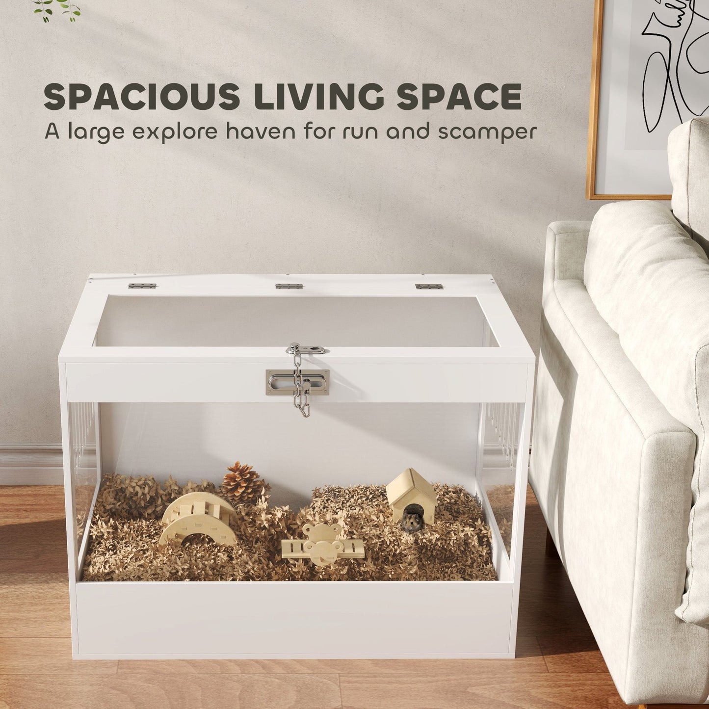 Hamster Cage, 31.5"L Transparent Acrylic Small Animal Habitat with Openable Top, Exercise Play House with Hut, Seesaw, Ladder for Dwarf Hamster, Gerbil, White