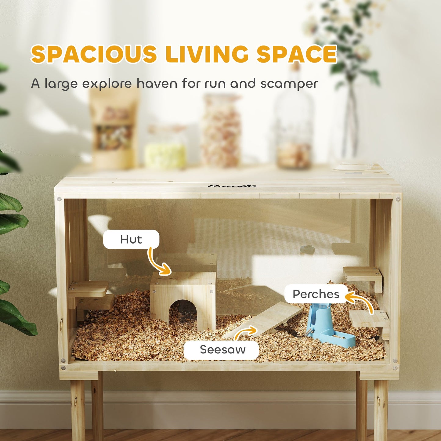 Large Hamster Cage, 28"Length Wooden Hamster Cage for Syrian, Dwarf, Gerbil, Hamster Habitat with Seesaw, Water Bottle, Food Dish, Hut, Transparent Panel for Easy Observe