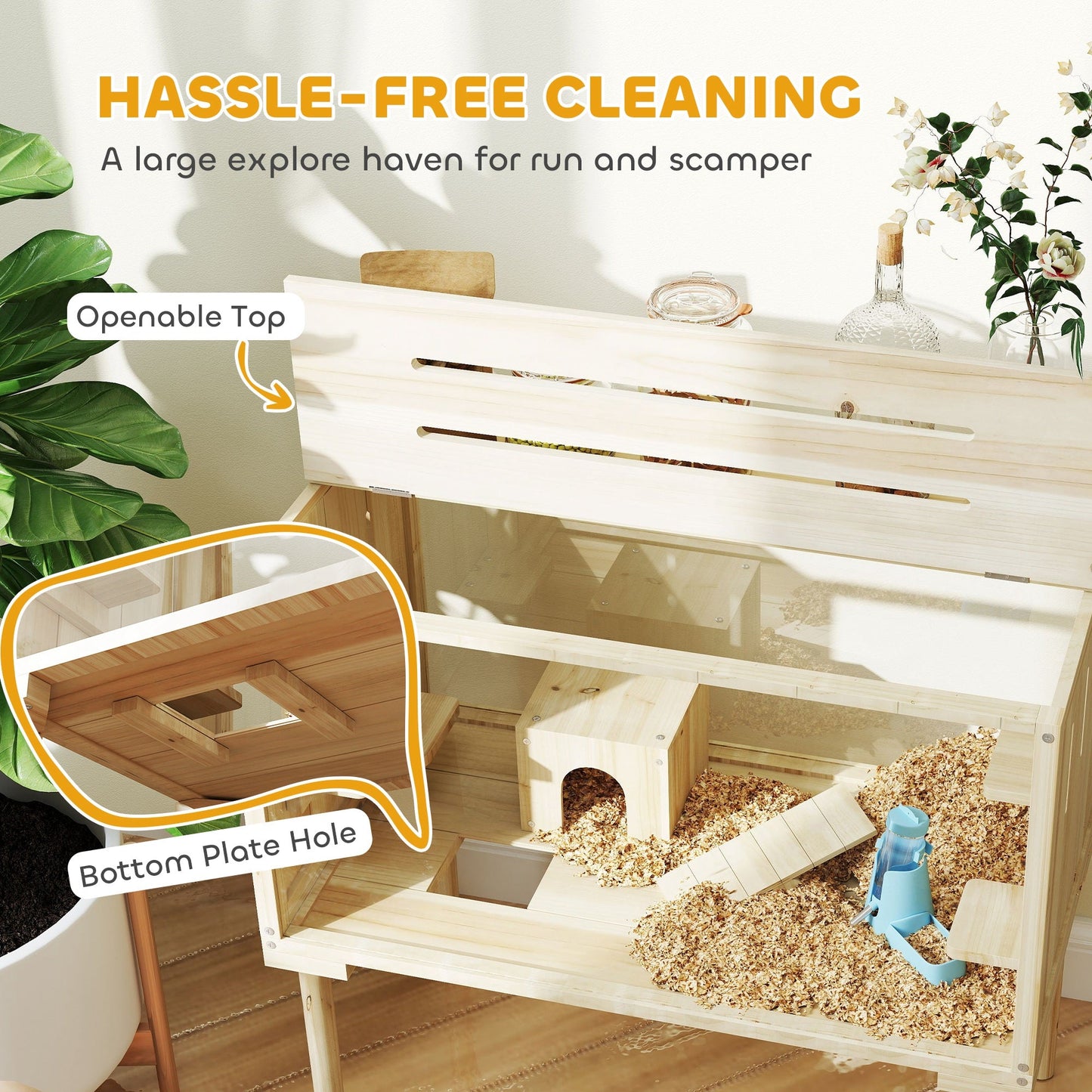 Large Hamster Cage, 28"Length Wooden Hamster Cage for Syrian, Dwarf, Gerbil, Hamster Habitat with Seesaw, Water Bottle, Food Dish, Hut, Transparent Panel for Easy Observe