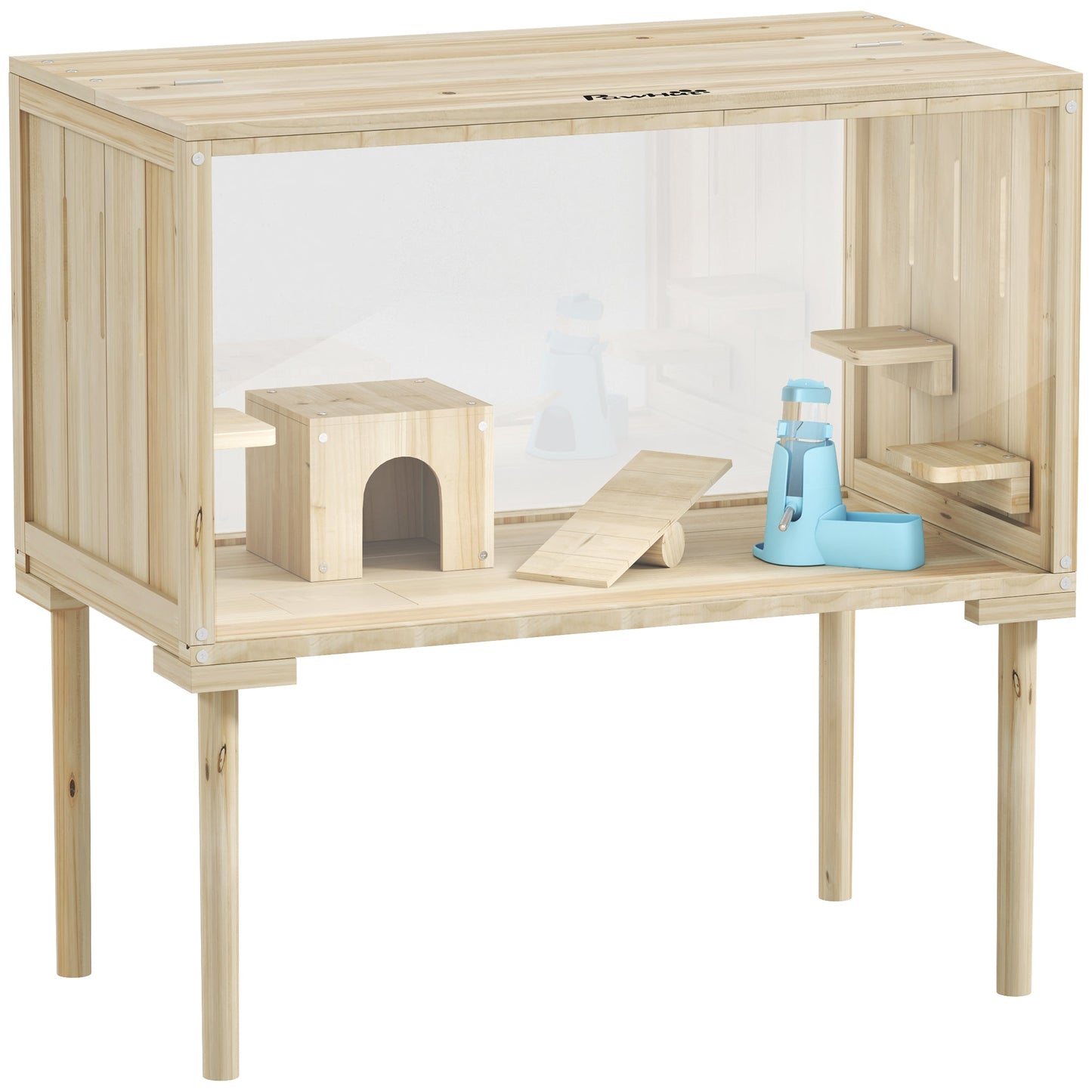 Large Hamster Cage, 28"Length Wooden Hamster Cage for Syrian, Dwarf, Gerbil, Hamster Habitat with Seesaw, Water Bottle, Food Dish, Hut, Transparent Panel for Easy Observe