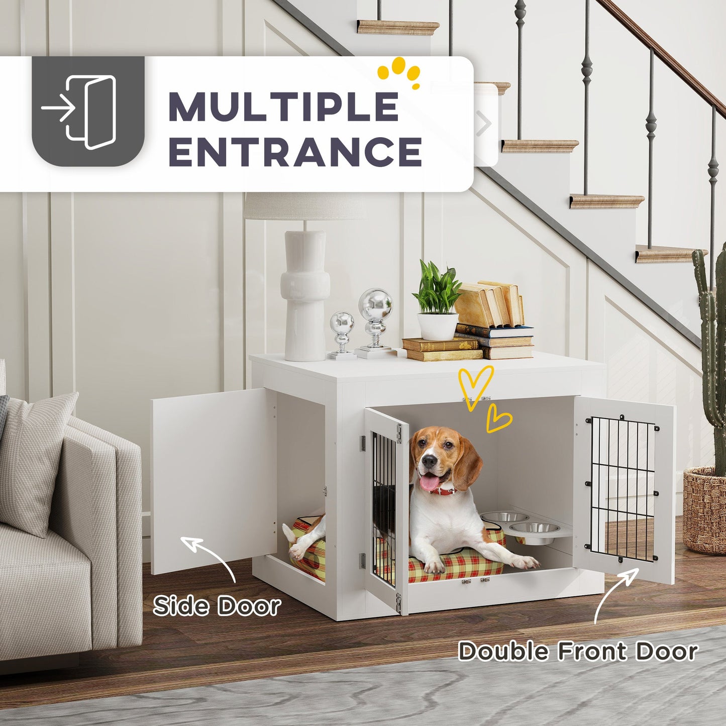 31.5in Dog Crate Furniture with 360° Rotatable Removable Dog Bowls, Dog Kennel Side End Table with Two Doors, for Medium Dogs, 31.5" x 24" x 25", White
