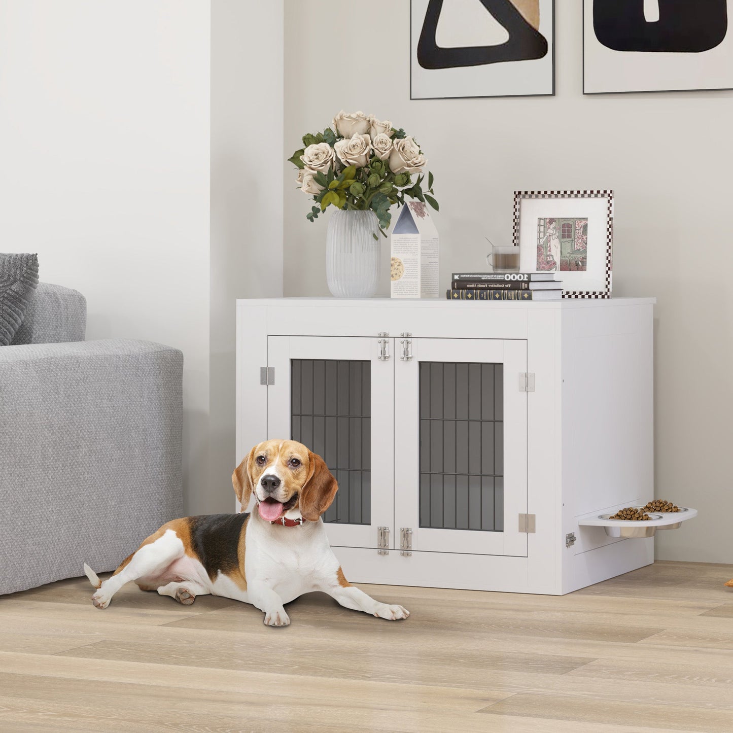31.5in Dog Crate Furniture with 360° Rotatable Removable Dog Bowls, Dog Kennel Side End Table with Two Doors, for Medium Dogs, 31.5" x 24" x 25", White