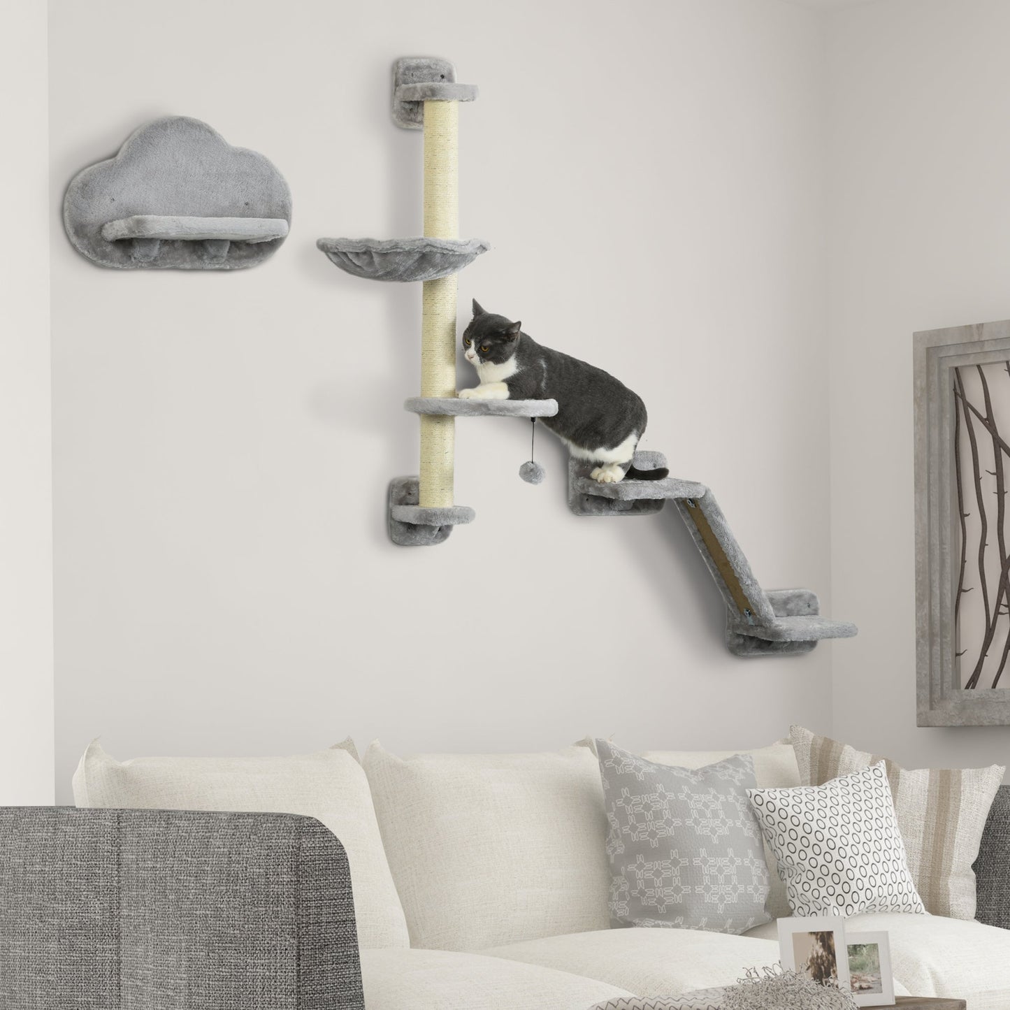 3Pcs Cat Wall Shelf with Scratching Post, Cat Wall Shelves for Relaxing, Climbing, Cat Wall With Soft Ladder, Scratching Board, Hammock, Grey