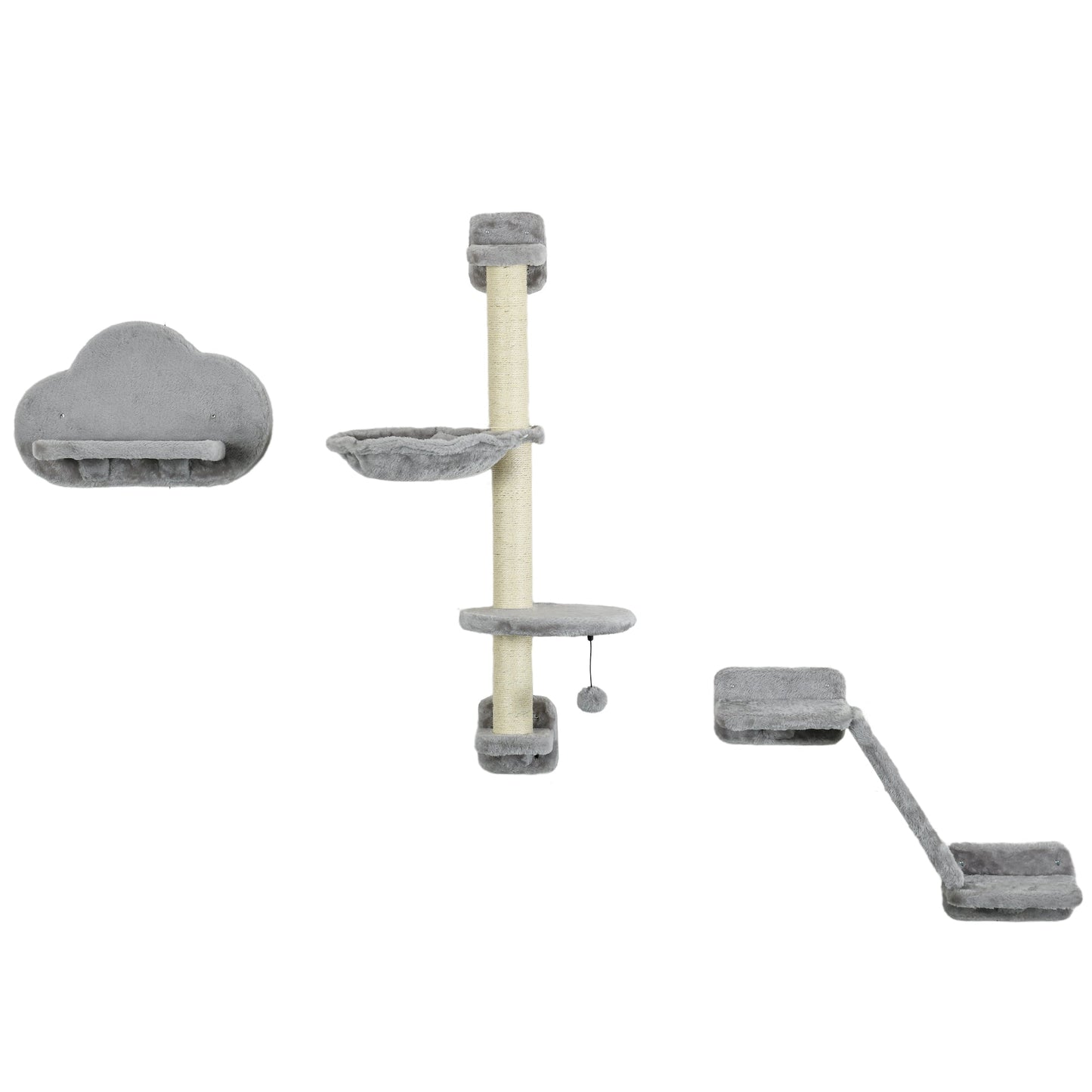 3Pcs Cat Wall Shelf with Scratching Post, Cat Wall Shelves for Relaxing, Climbing, Cat Wall With Soft Ladder, Scratching Board, Hammock, Grey