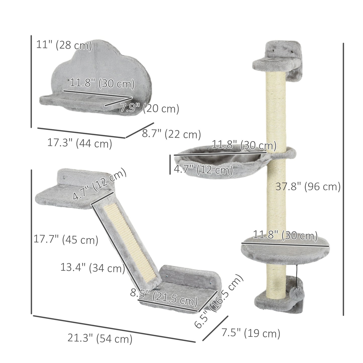 3Pcs Cat Wall Shelf with Scratching Post, Cat Wall Shelves for Relaxing, Climbing, Cat Wall With Soft Ladder, Scratching Board, Hammock, Grey