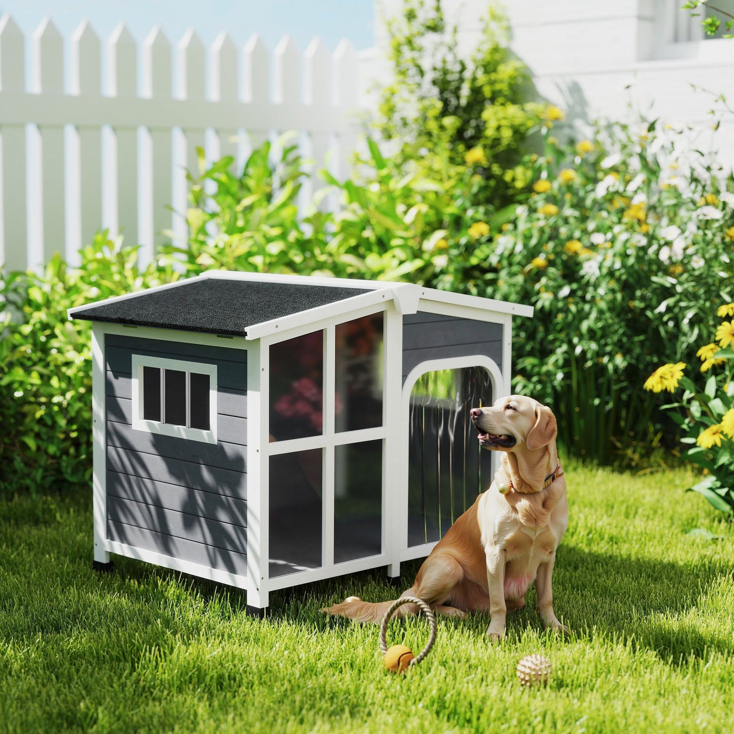 Wooden Dog House Outdoor with Removable Bottom, Cabin Style Raised Pet Kennel, with Openable Asphalt Roof, Door Curtain, Side Windows for Large Sized Dog, Dark Grey