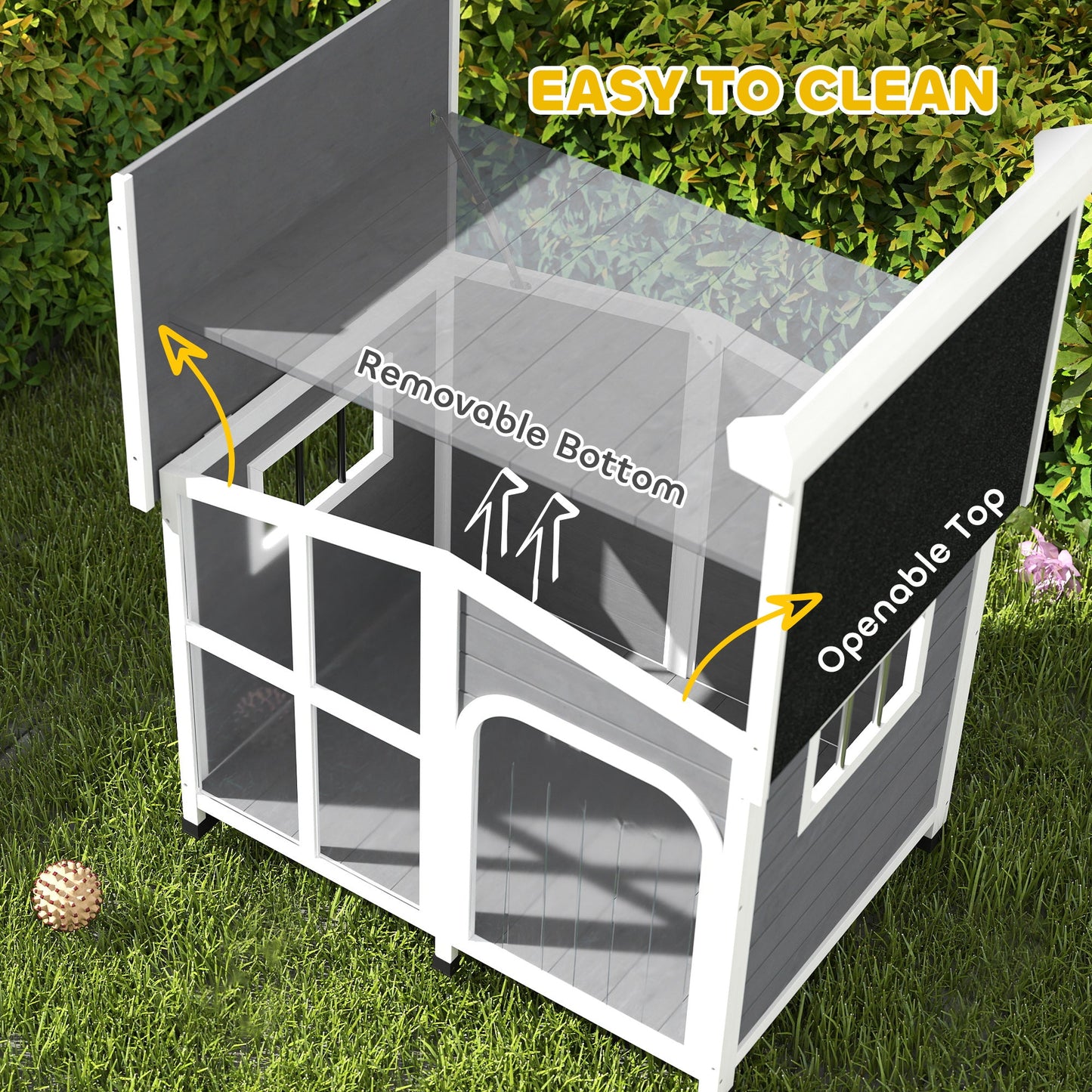 Wooden Dog House Outdoor with Removable Bottom, Cabin Style Raised Pet Kennel, with Openable Asphalt Roof, Door Curtain, Side Windows for Large Sized Dog, Dark Grey