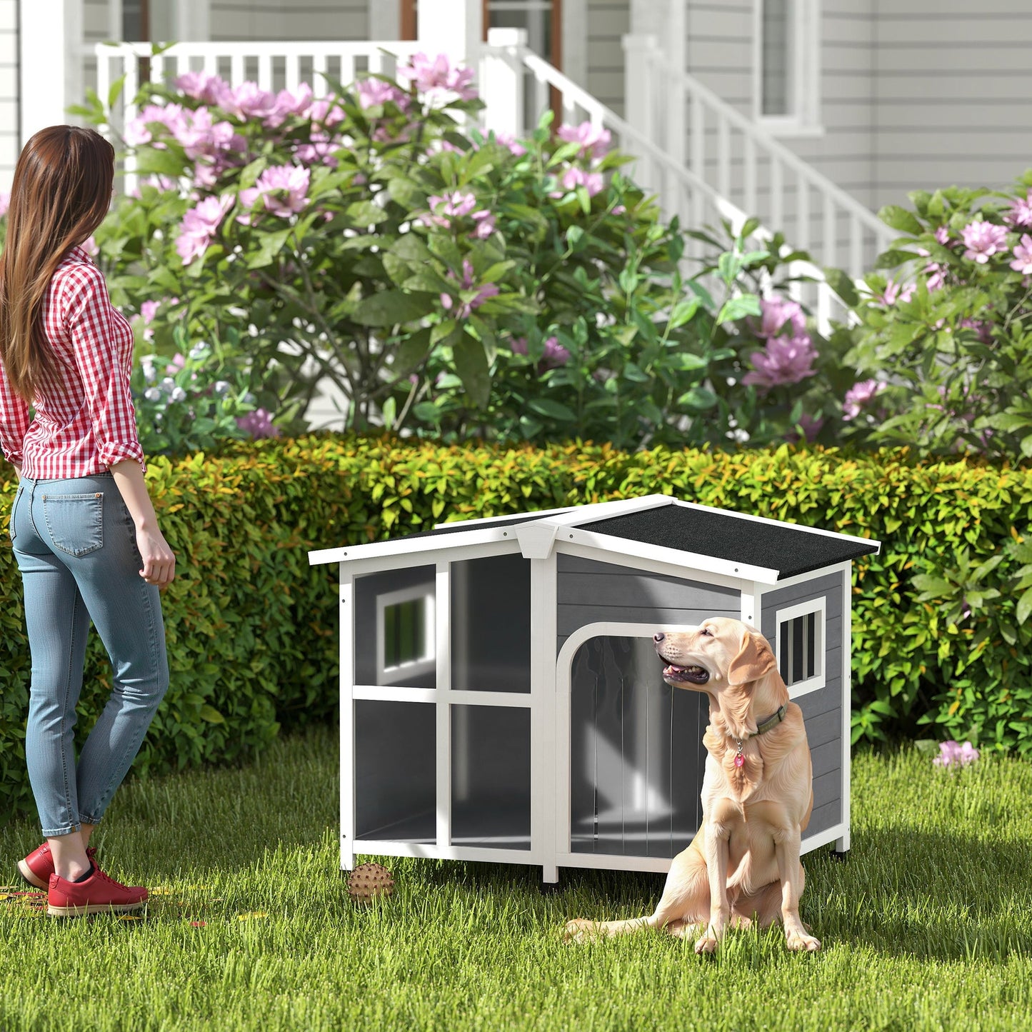 Wooden Dog House Outdoor with Removable Bottom, Cabin Style Raised Pet Kennel, with Openable Asphalt Roof, Door Curtain, Side Windows for Large Sized Dog, Dark Grey