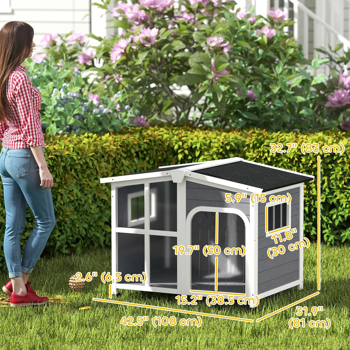 Wooden Dog House Outdoor with Removable Bottom, Cabin Style Raised Pet Kennel, with Openable Asphalt Roof, Door Curtain, Side Windows for Large Sized Dog, Dark Grey