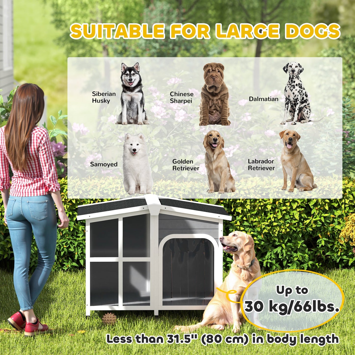 Wooden Dog House Outdoor with Removable Bottom, Cabin Style Raised Pet Kennel, with Openable Asphalt Roof, Door Curtain, Side Windows for Large Sized Dog, Dark Grey