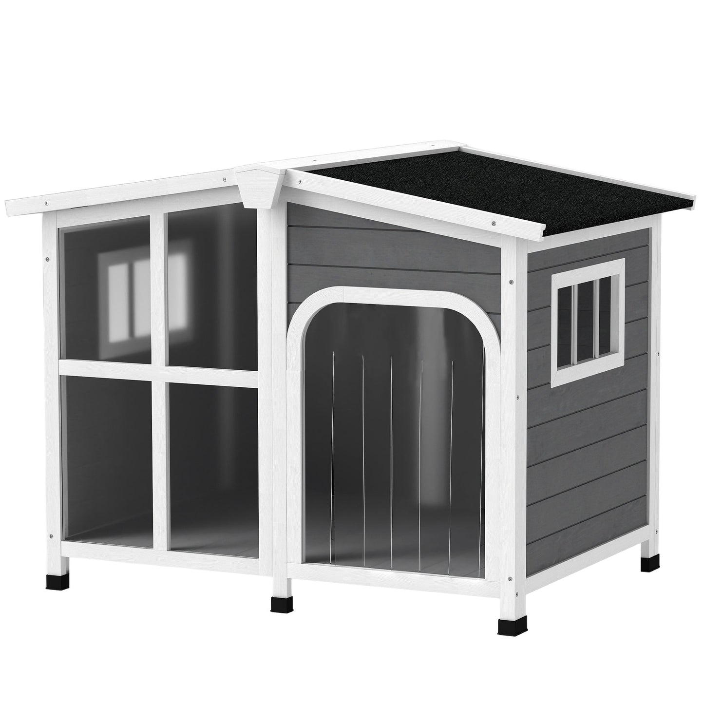 Wooden Dog House Outdoor with Removable Bottom, Cabin Style Raised Pet Kennel, with Openable Asphalt Roof, Door Curtain, Side Windows for Large Sized Dog, Dark Grey